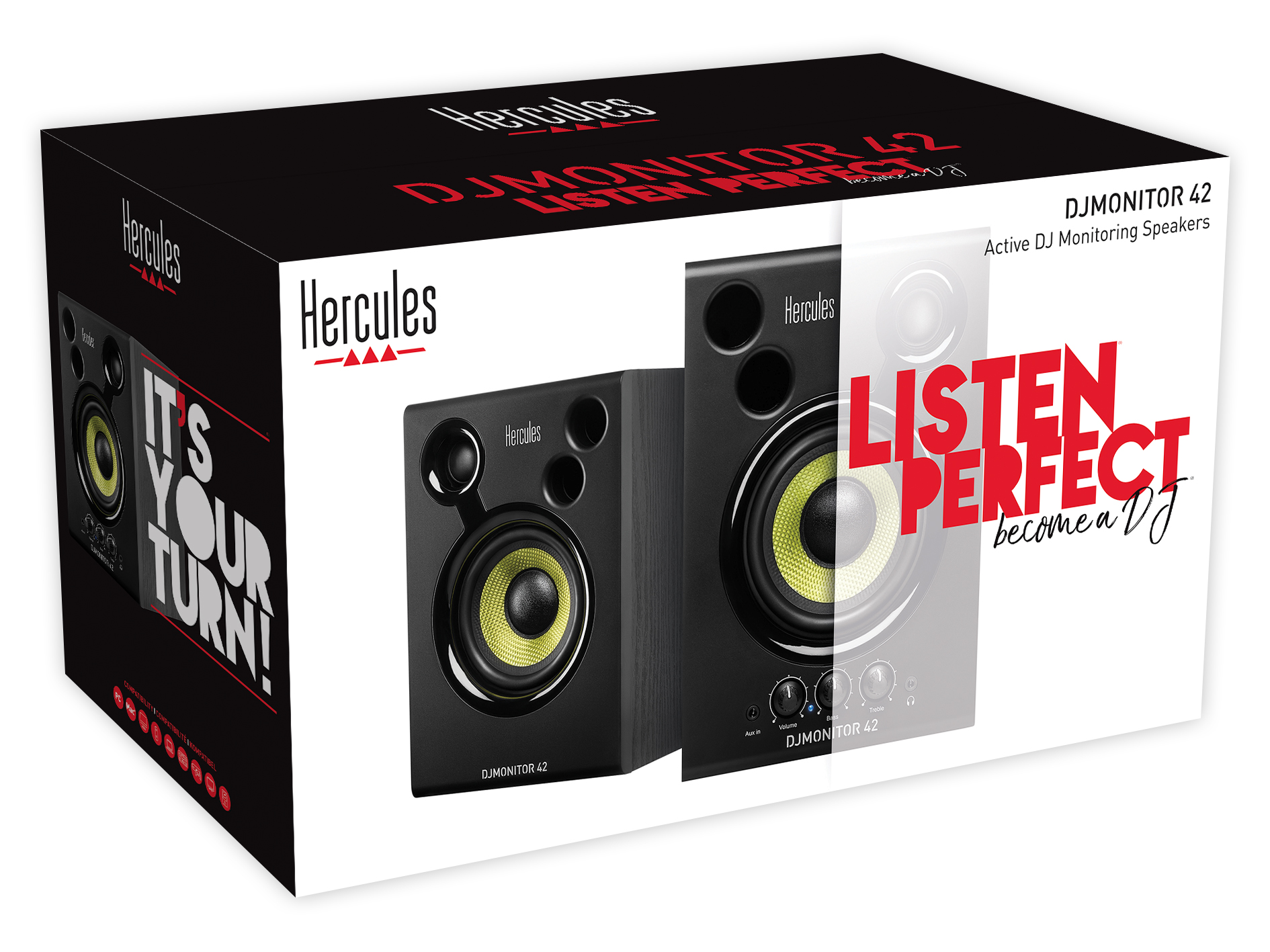 DJ Monitor 42 Lautsprecher in einer Box, mit dem Text 'LISTEN PERFECT' und 'become a DJ'.