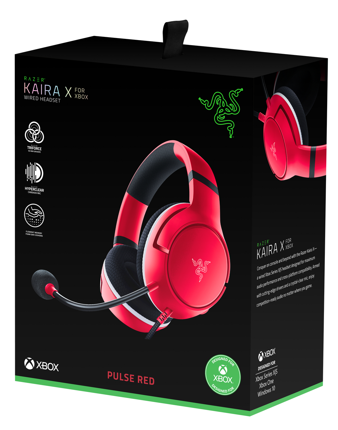 Rotes Gaming-Headset im Karton. Schwarze Box mit Text und Grafiken, inkl. grünem Xbox-Logo.