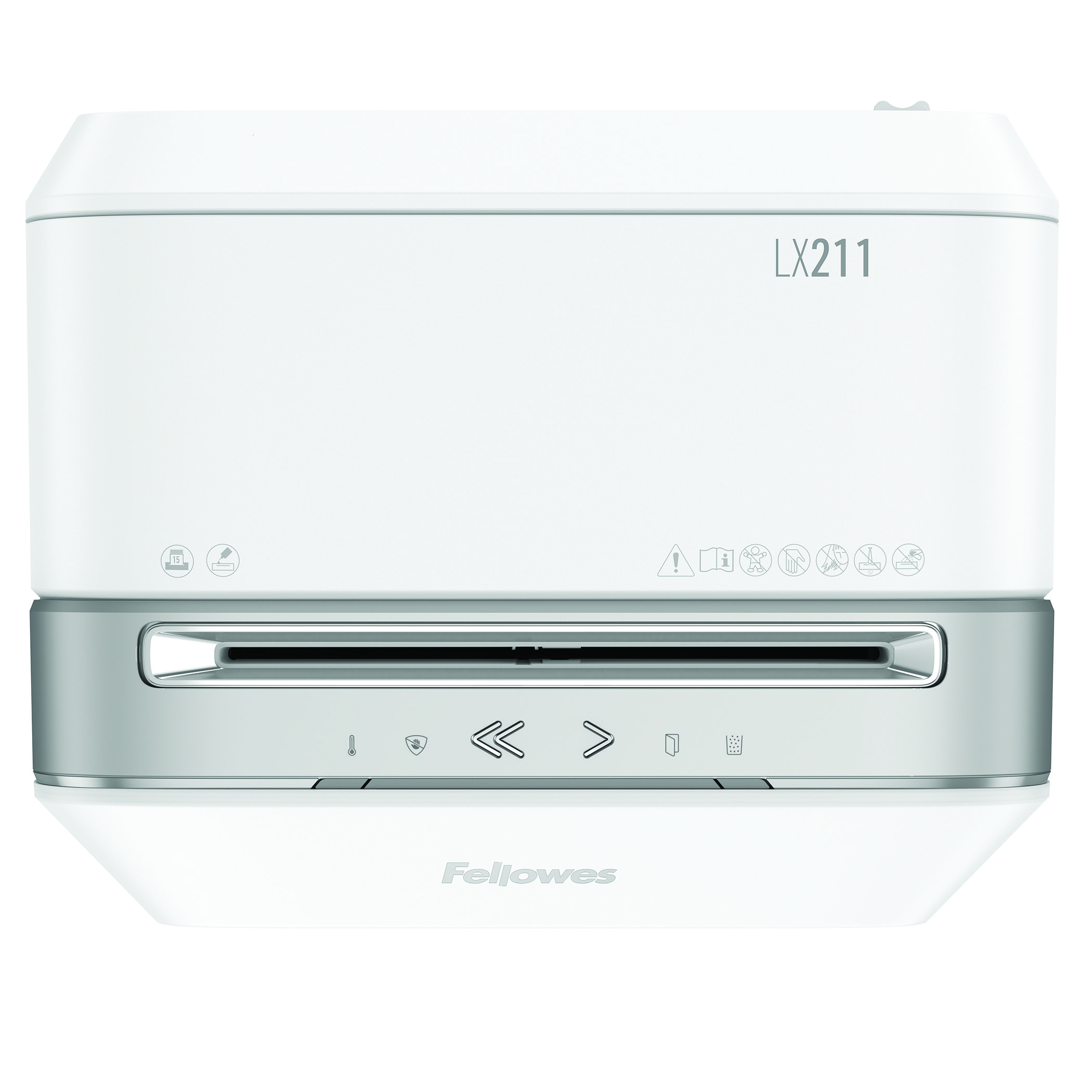 Ein weißer Fellowes LX211 Aktenvernichter mit silbernen Akzenten und Bedienfeld.