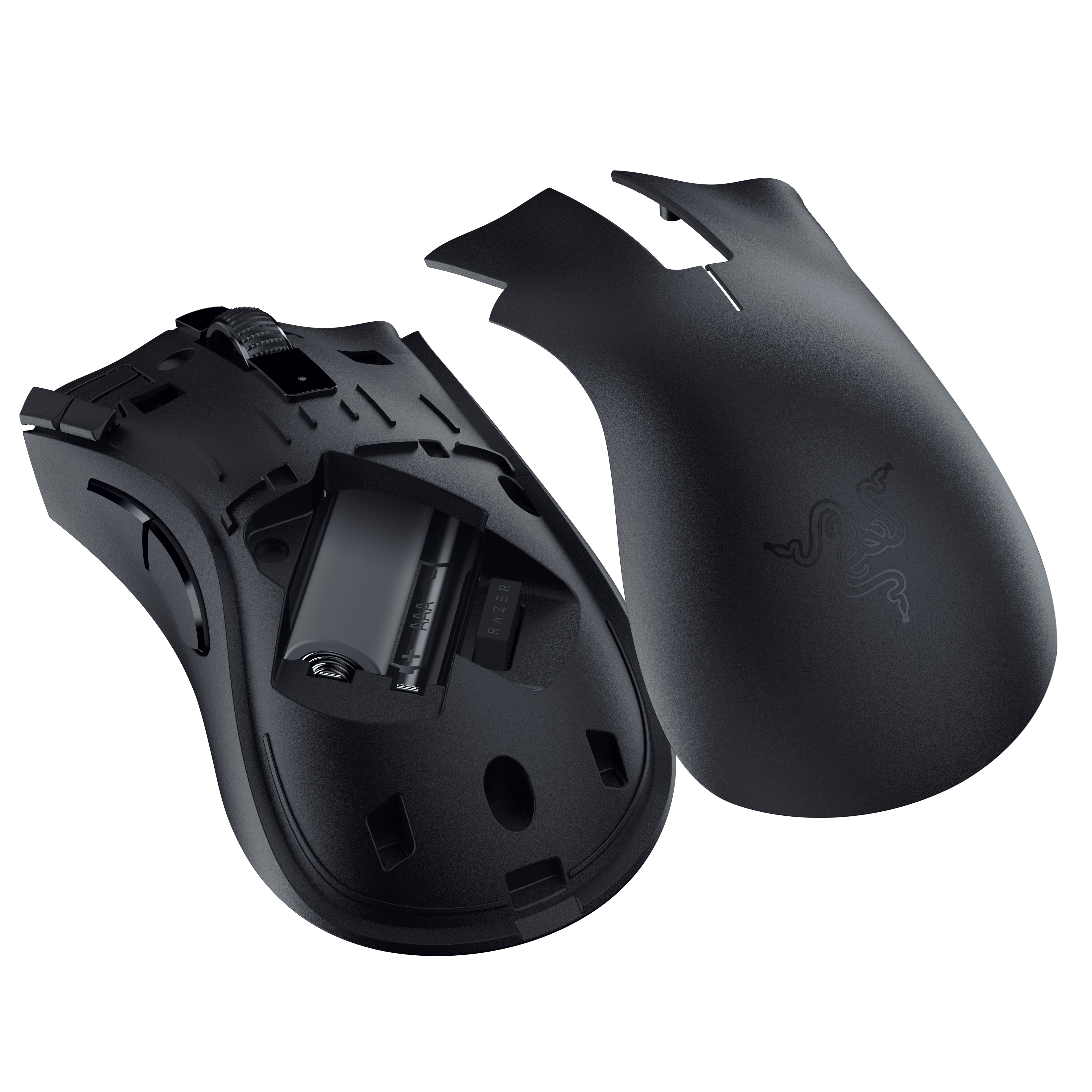 Black gaming mouse disassembled, showing interior. The top cover is detached.