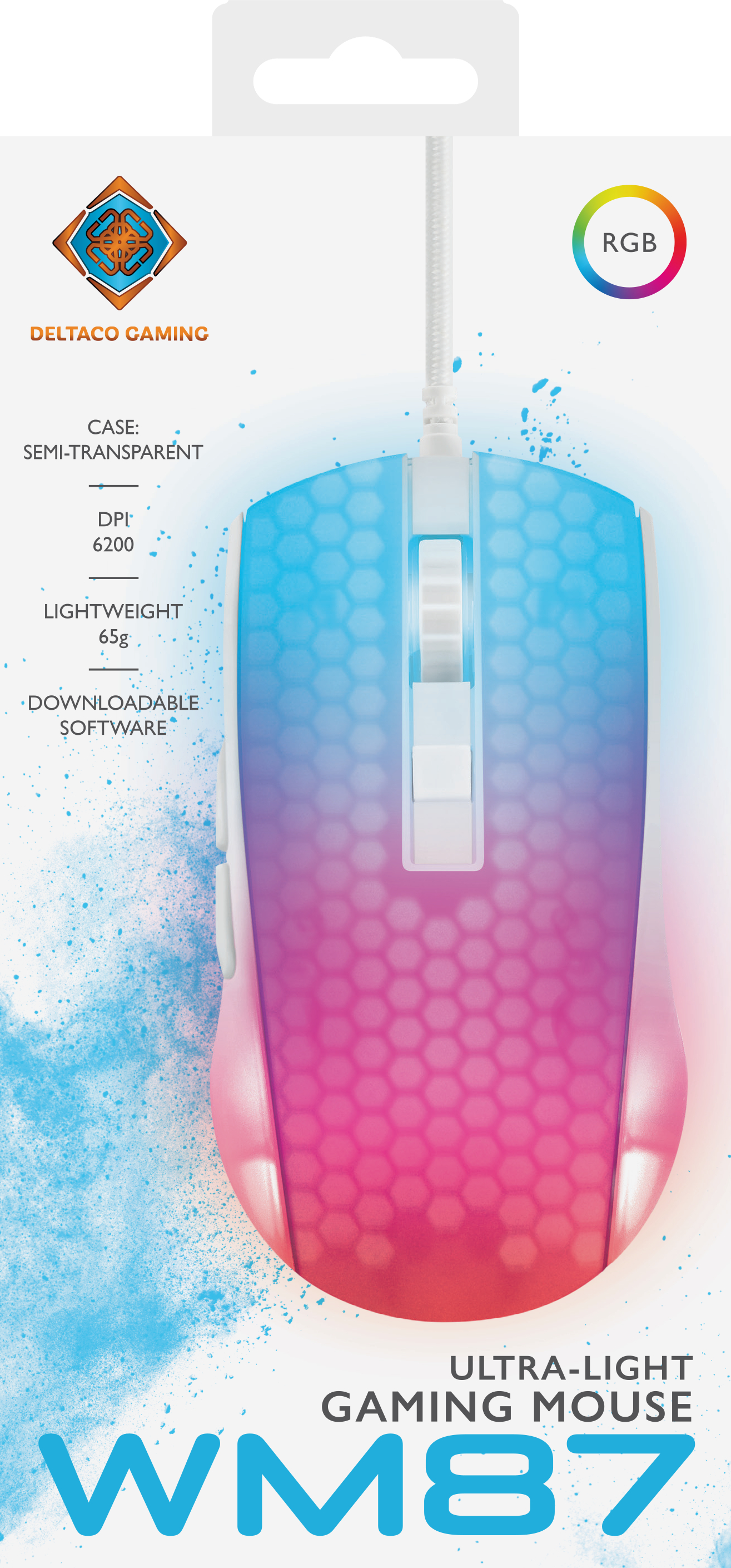 Mysz do gier z oświetleniem RGB. Mysz jest biała, niebieska i różowa. Opakowanie z informacjami.