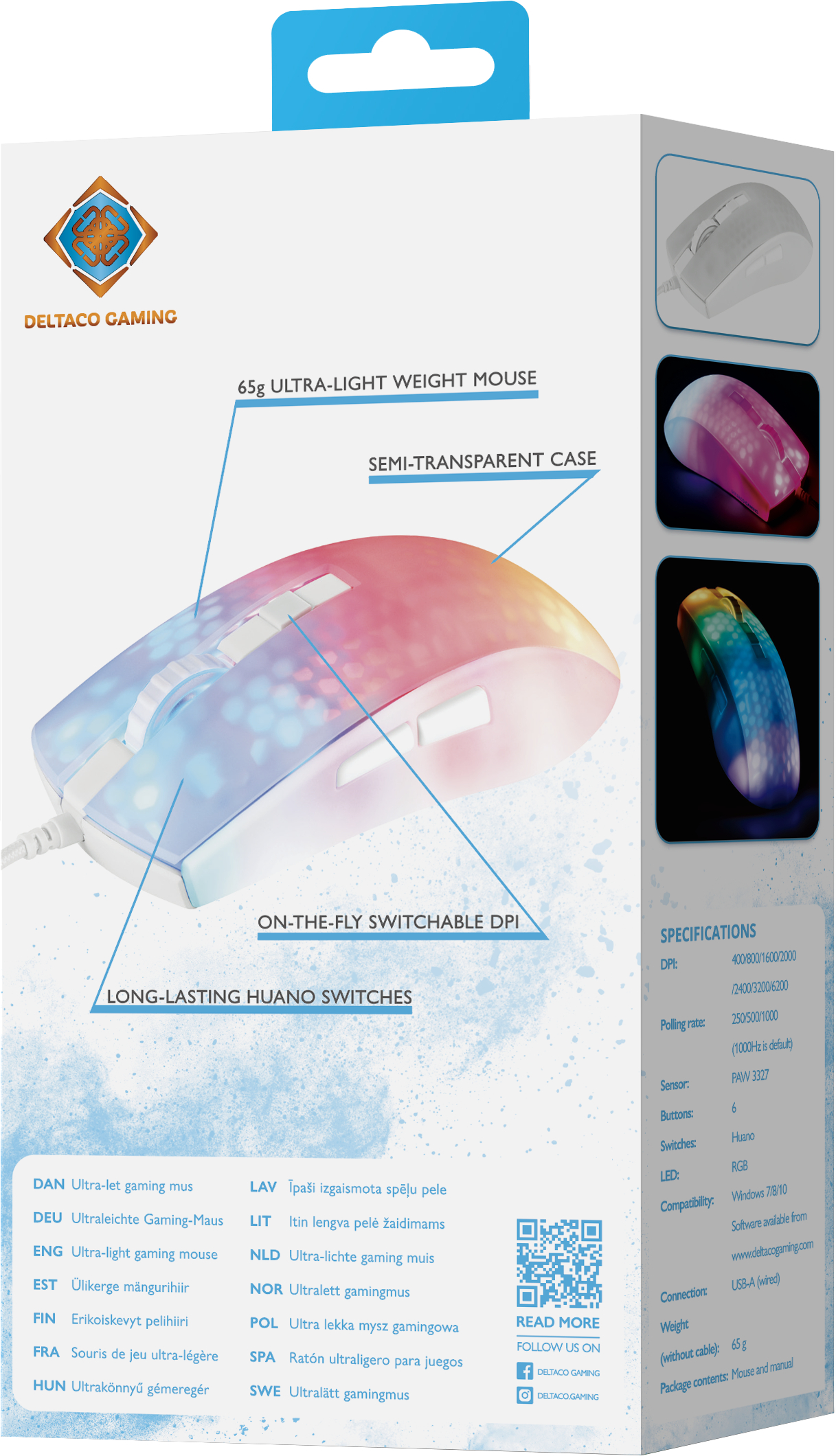 Tył pudełka myszy do gier ze szczegółami produktu, w tym zdjęciem myszy.