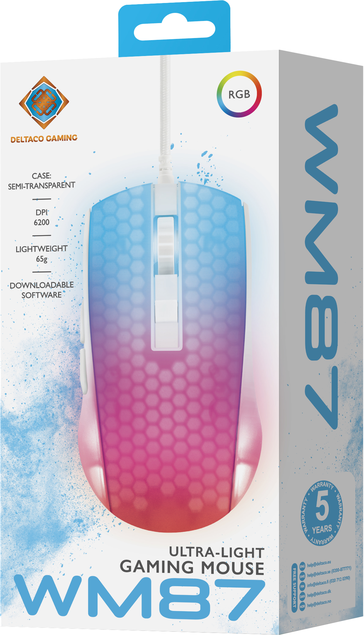 Gaming mouse in a box, white mouse with RGB lighting.