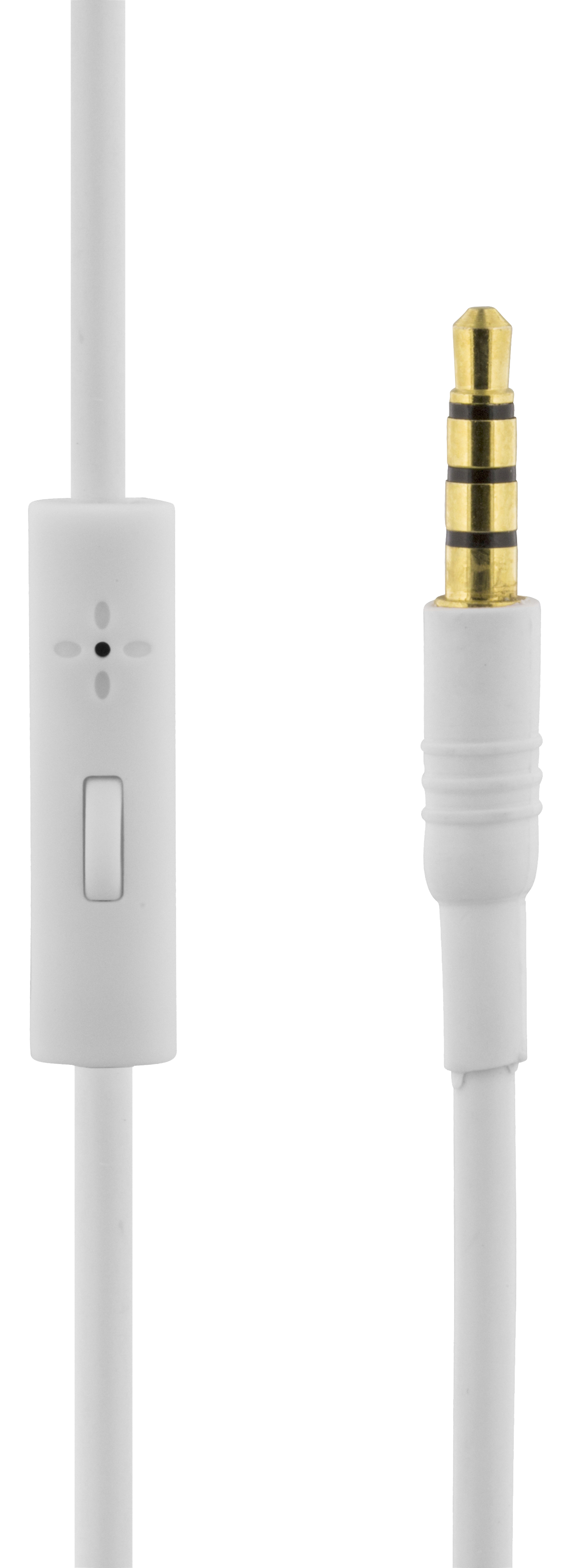 White audio cable with a control unit and a gold-plated 3.5mm jack. The cable is on a white background.