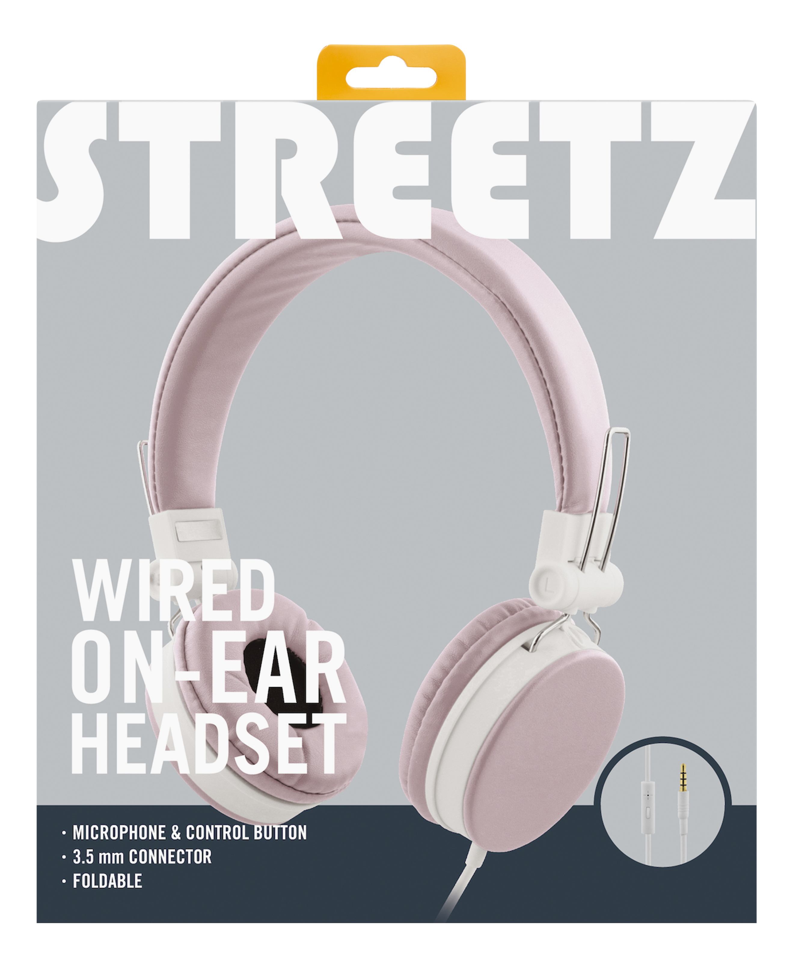 Pink and white wired on-ear headset with text and a small connector diagram.