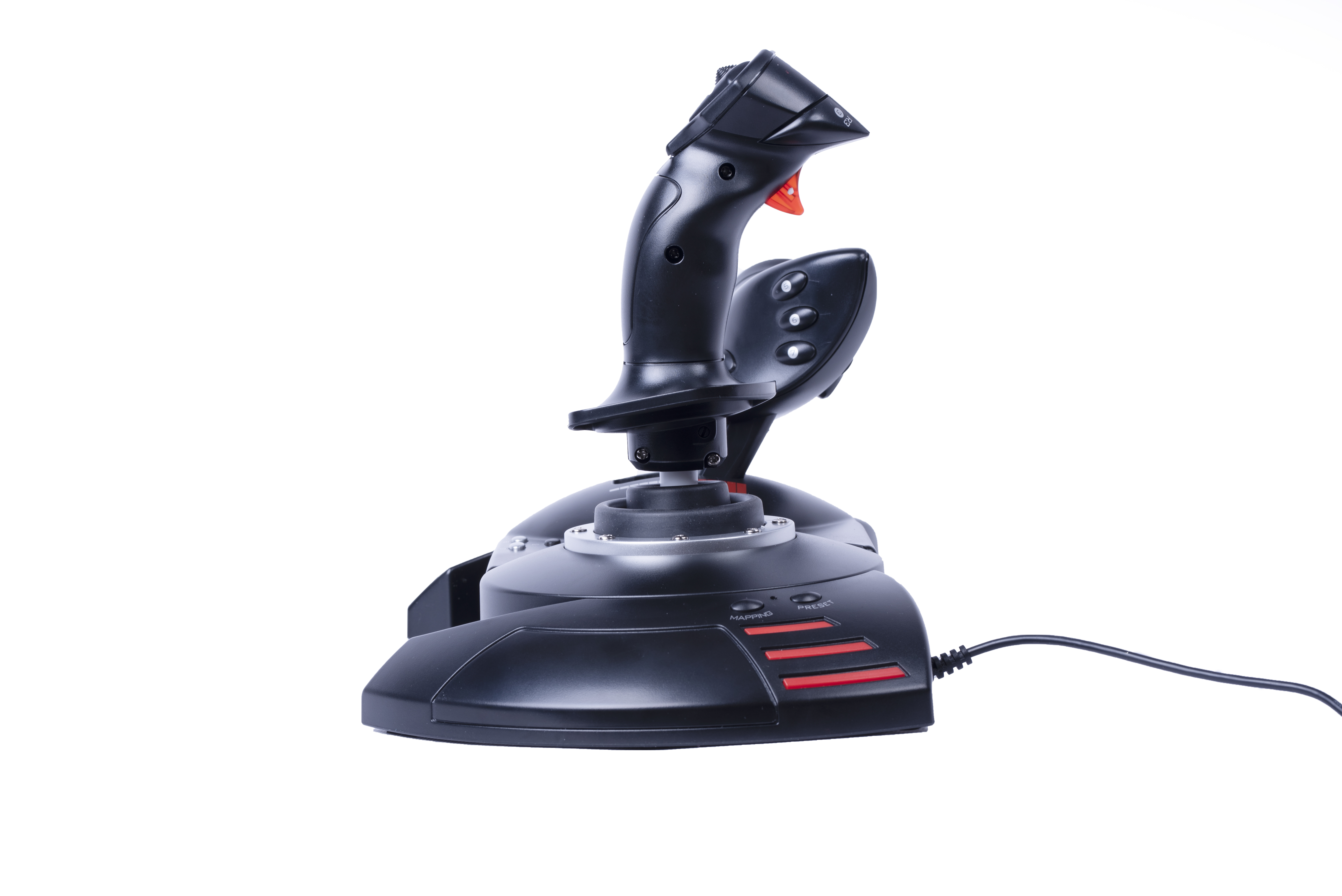 A black joystick for gaming with a red button on top, and a black base.