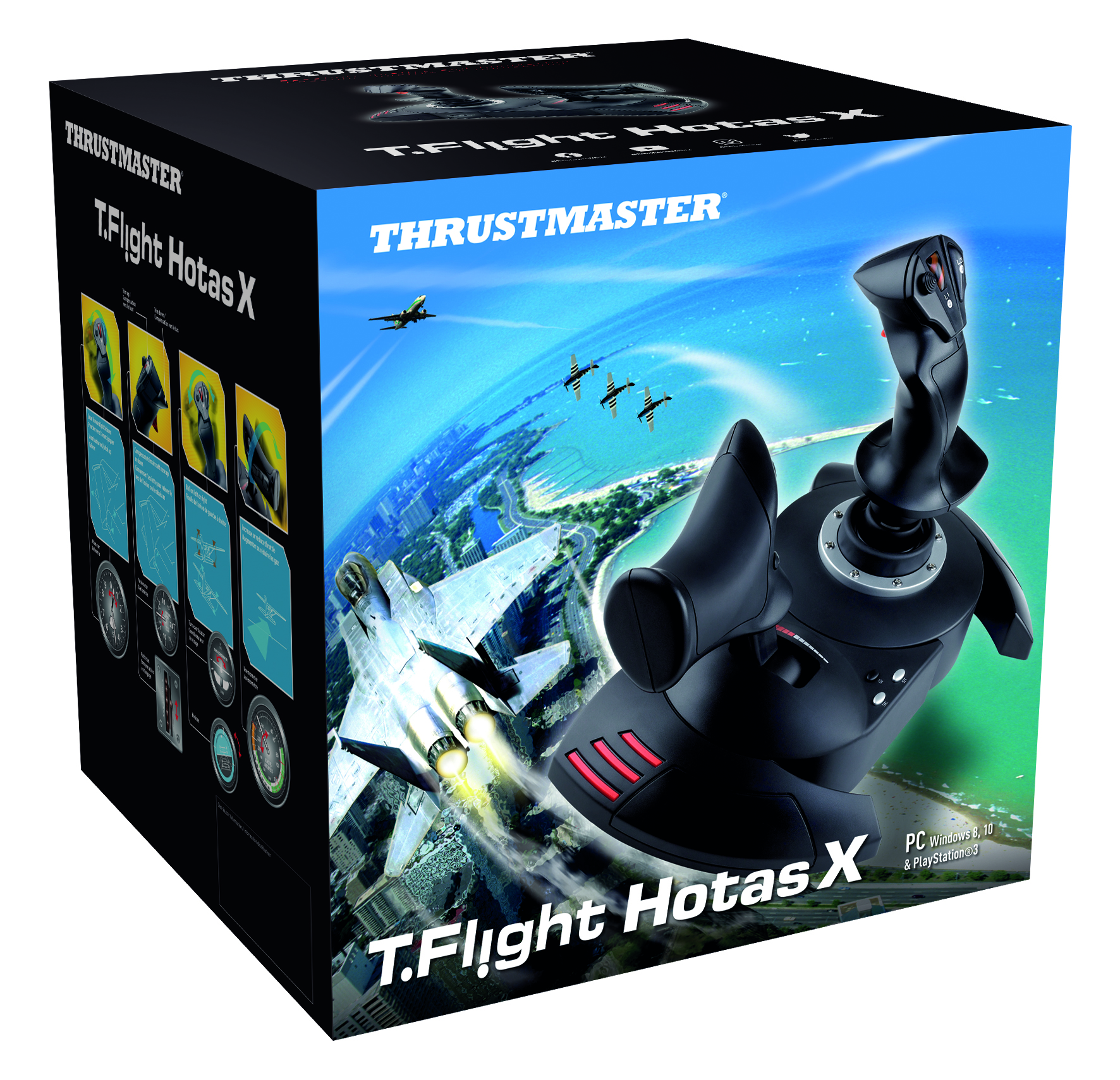 A product box for a Thrustmaster flight stick, featuring aircraft and the product itself.