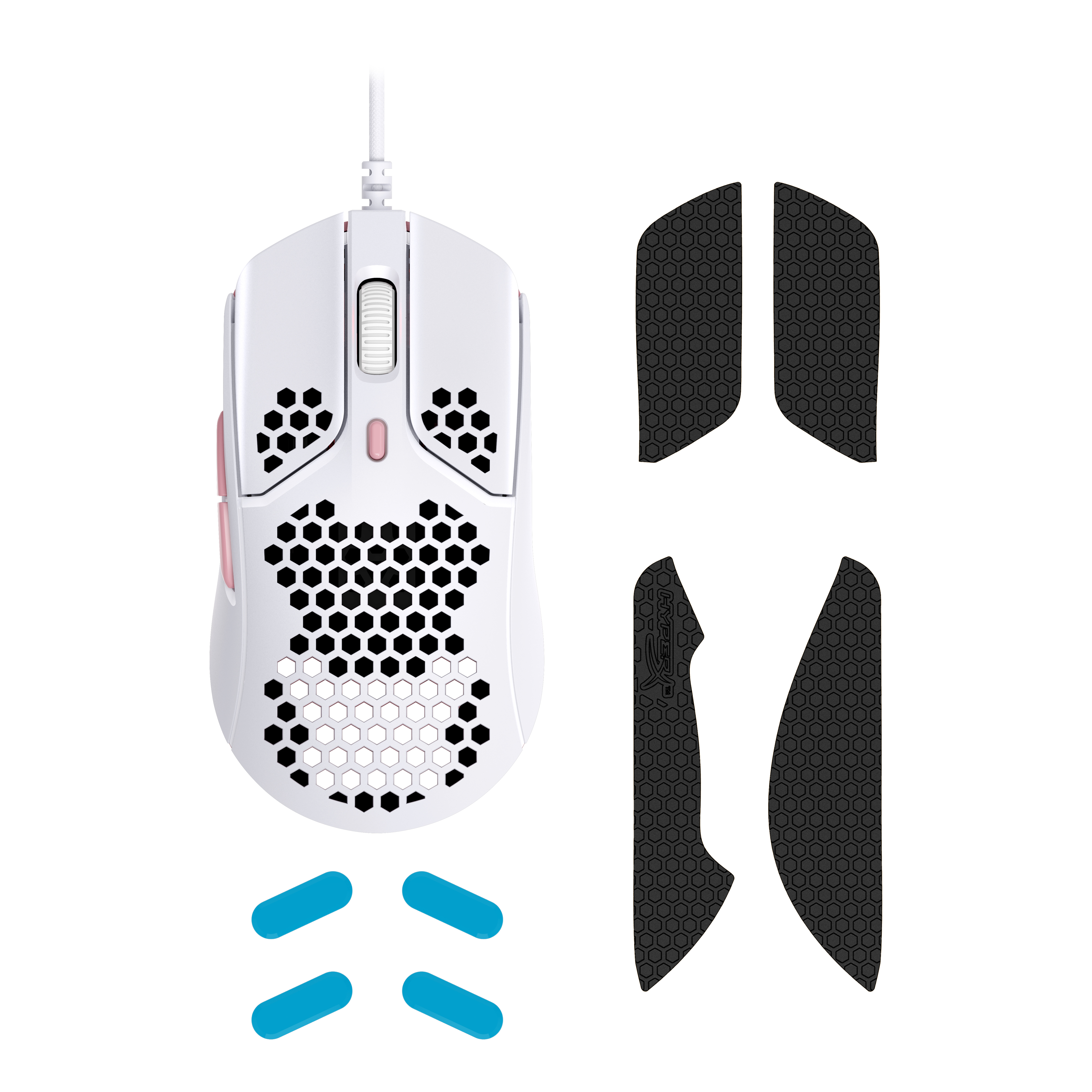 Ratón gaming blanco con diseño de panal, botones rosas y cintas de agarre negras en el lateral.