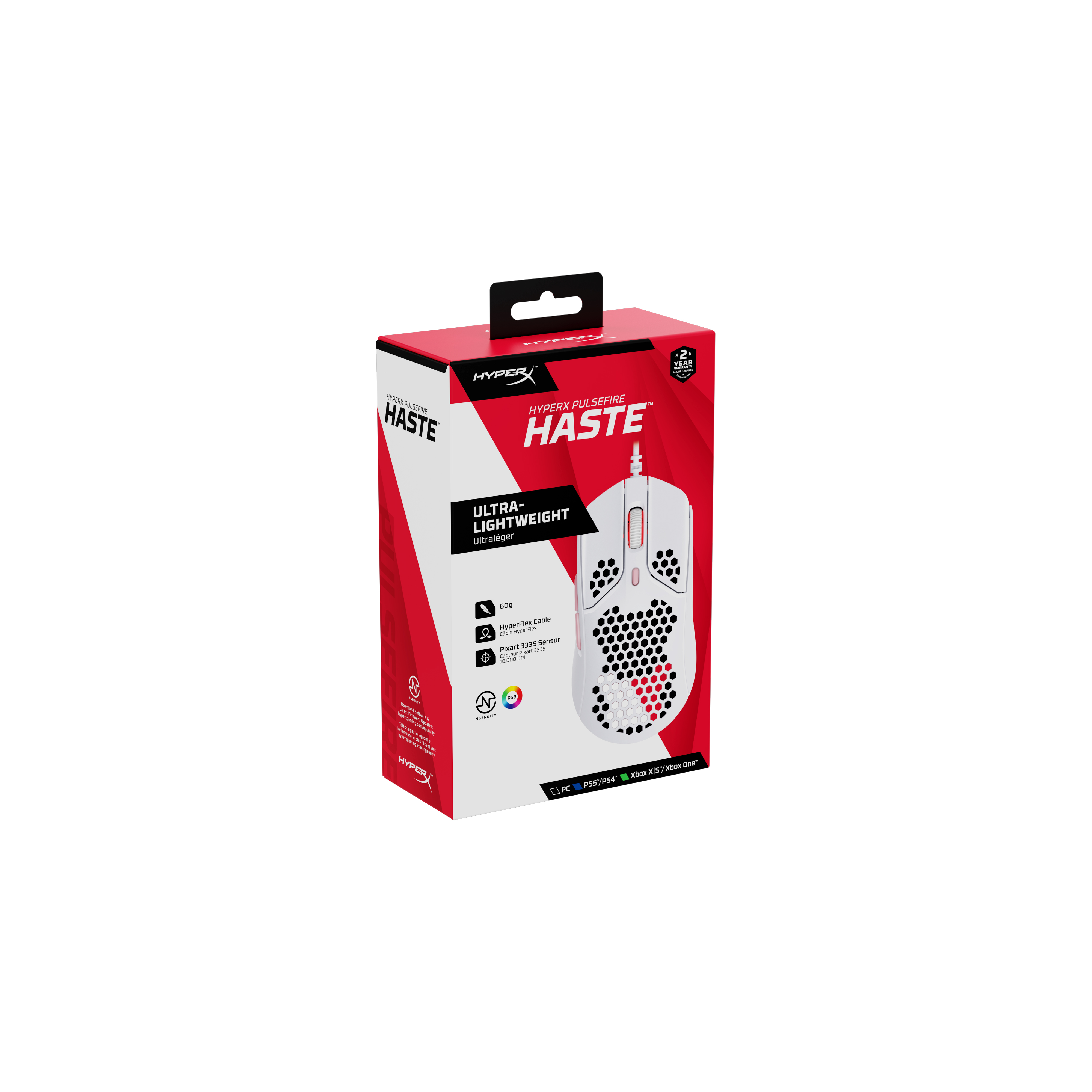 Ratón gaming blanco y rojo en una caja. Detalles en negro y rojo. Fondo blanco.