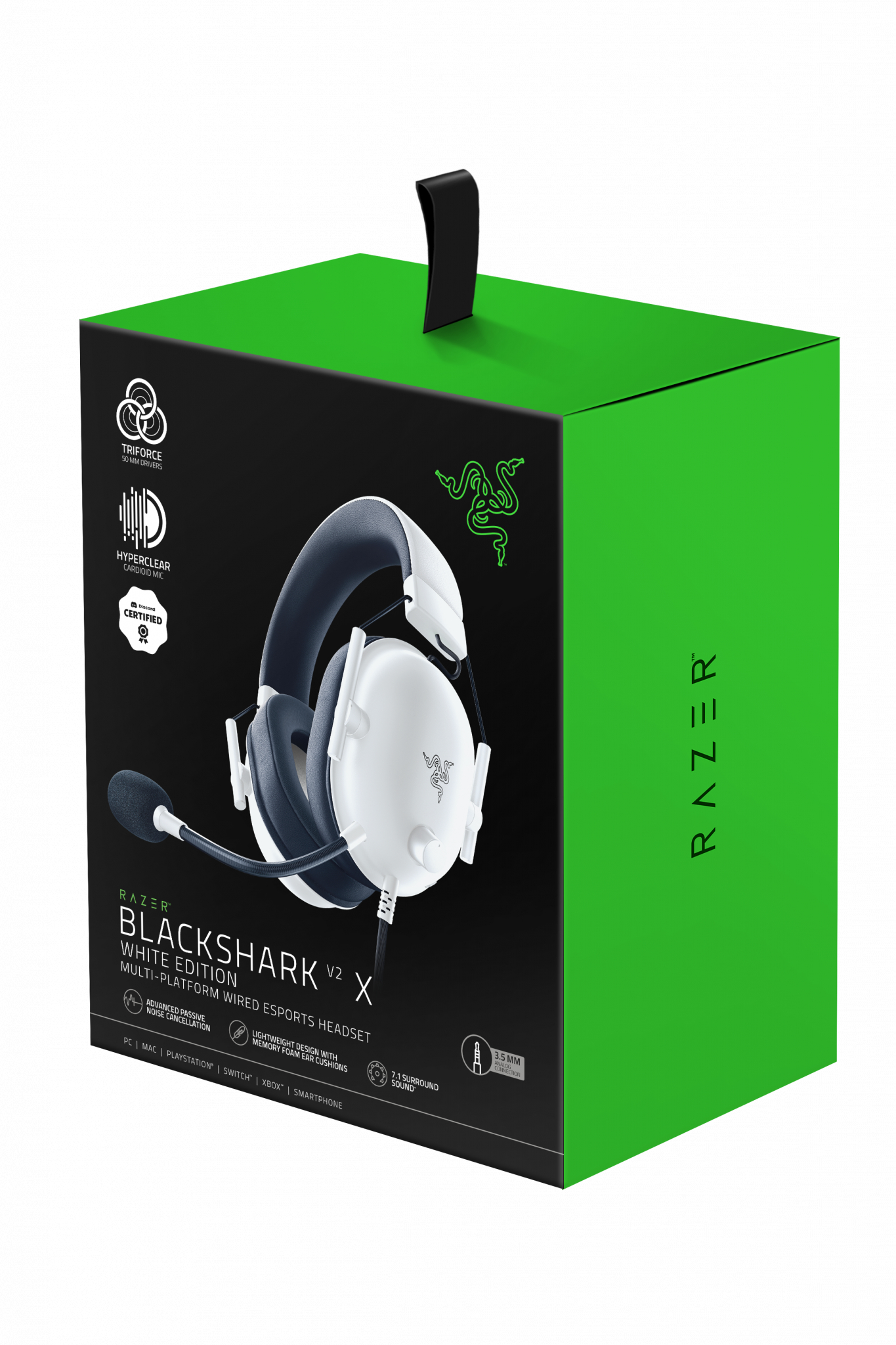 Pudełko z biało-czarnym zestawem słuchawkowym. To Razer Blackshark V2 X. Pudełko jest głównie zielone.