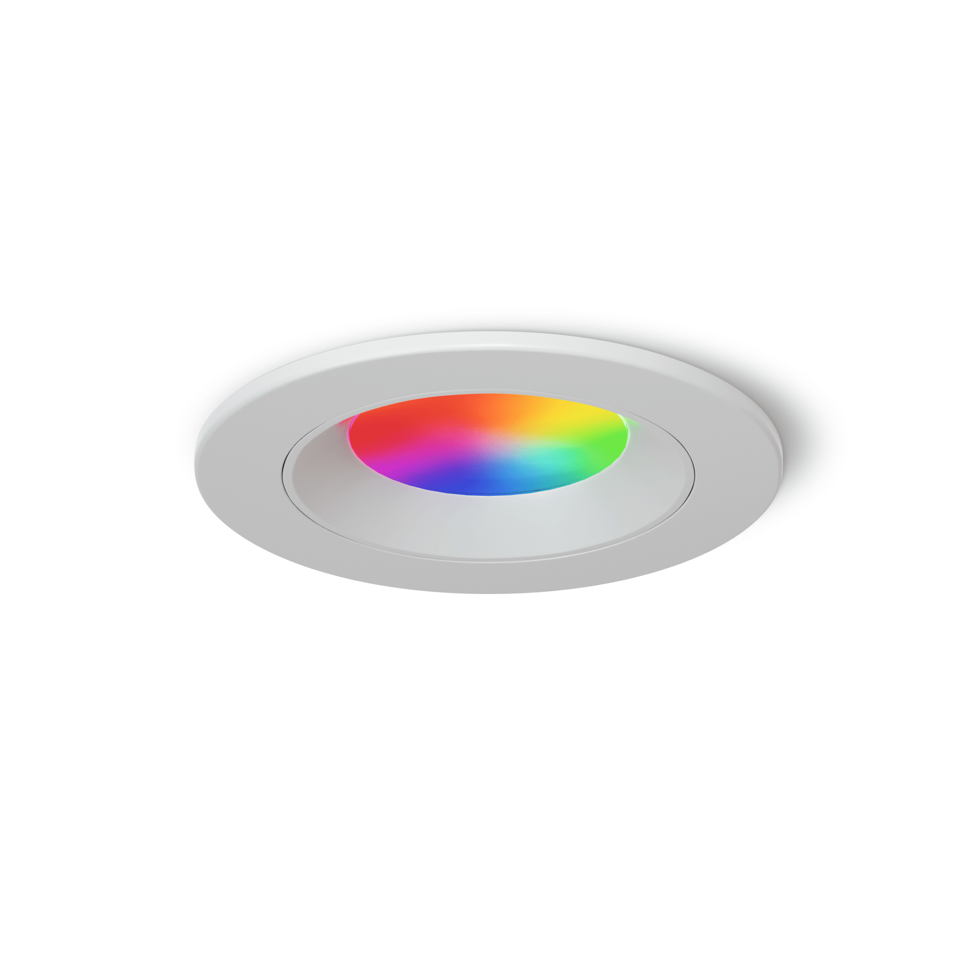 Faretto da soffitto bianco con luce colorata all'interno. Sfondo bianco.
