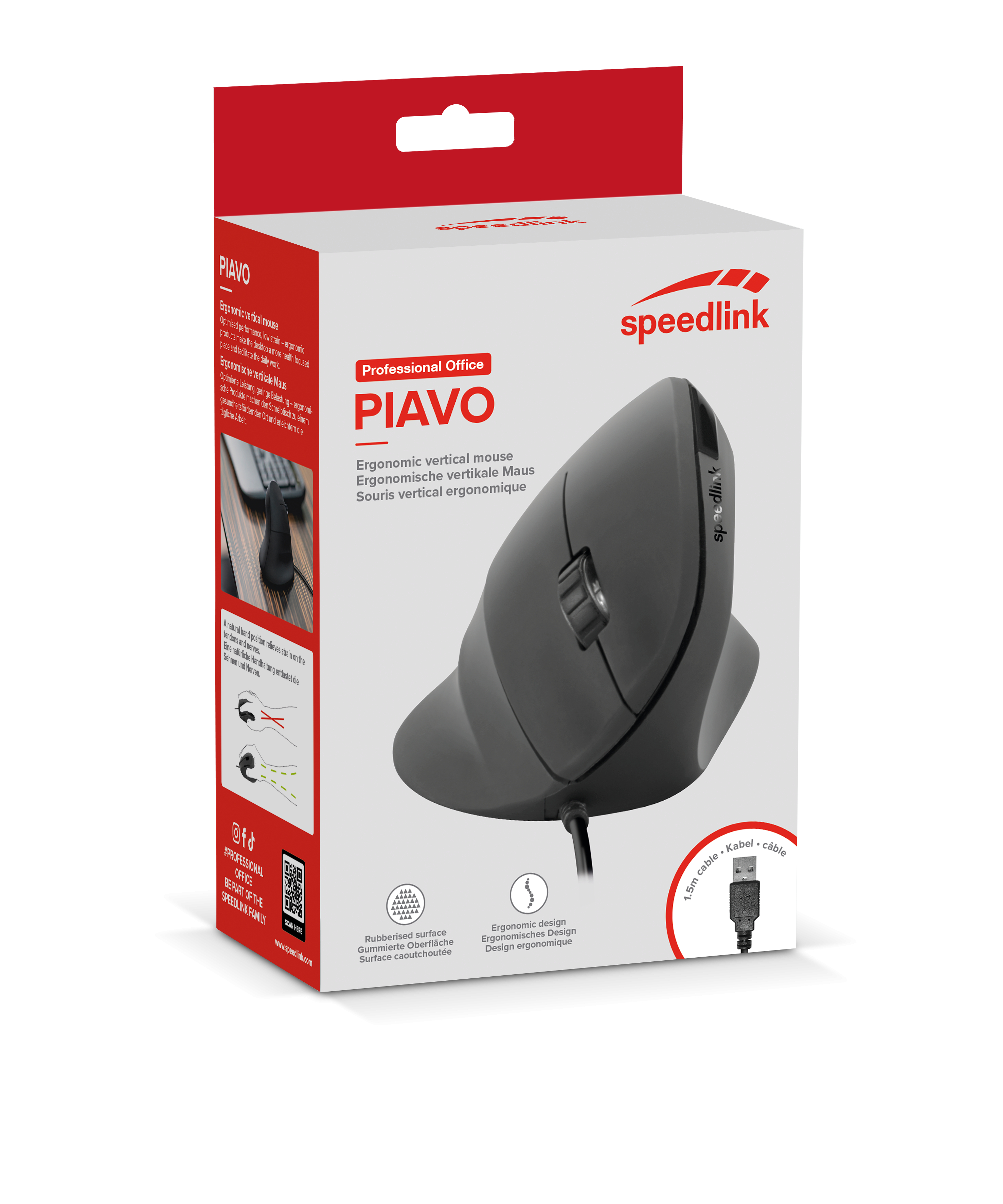 Ergonomiczna mysz pionowa w szarym opakowaniu. Tekst na pudełku wskazuje funkcje i markę Speedlink.