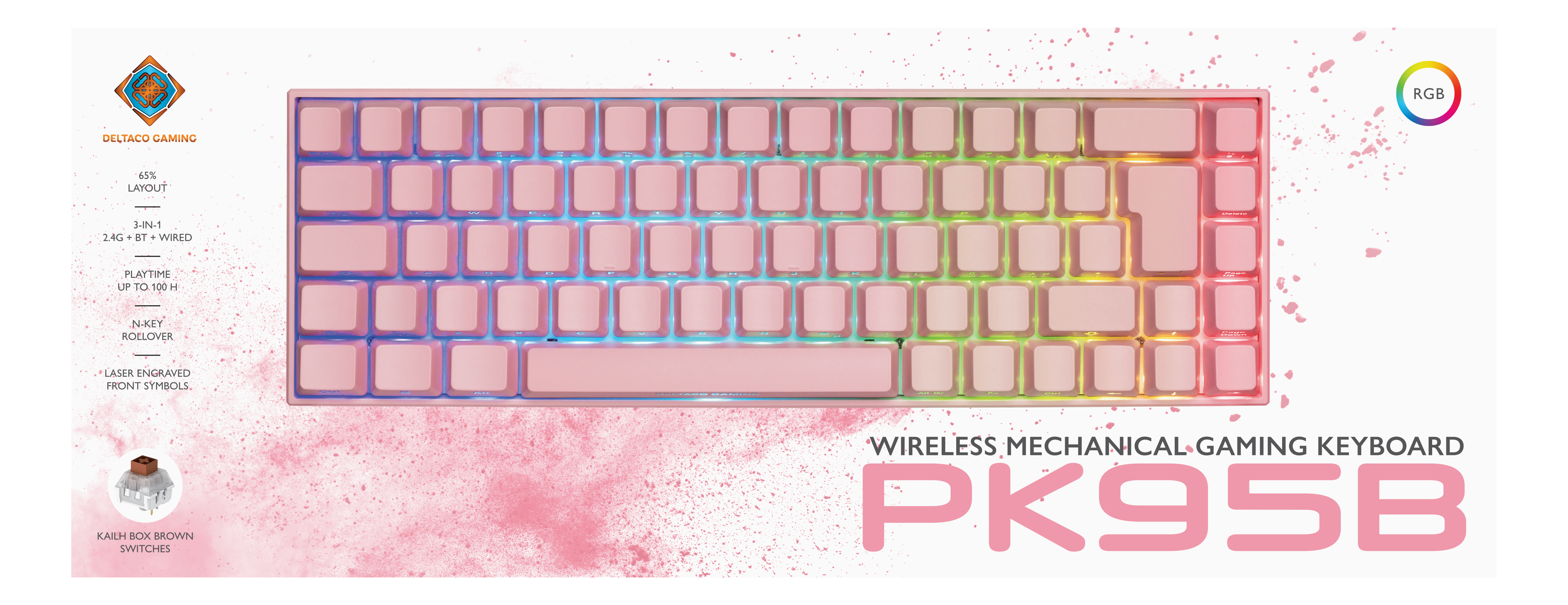 Rosa mechanische Tastatur mit RGB-Beleuchtung, weißen Tasten und rosa Hintergrund.