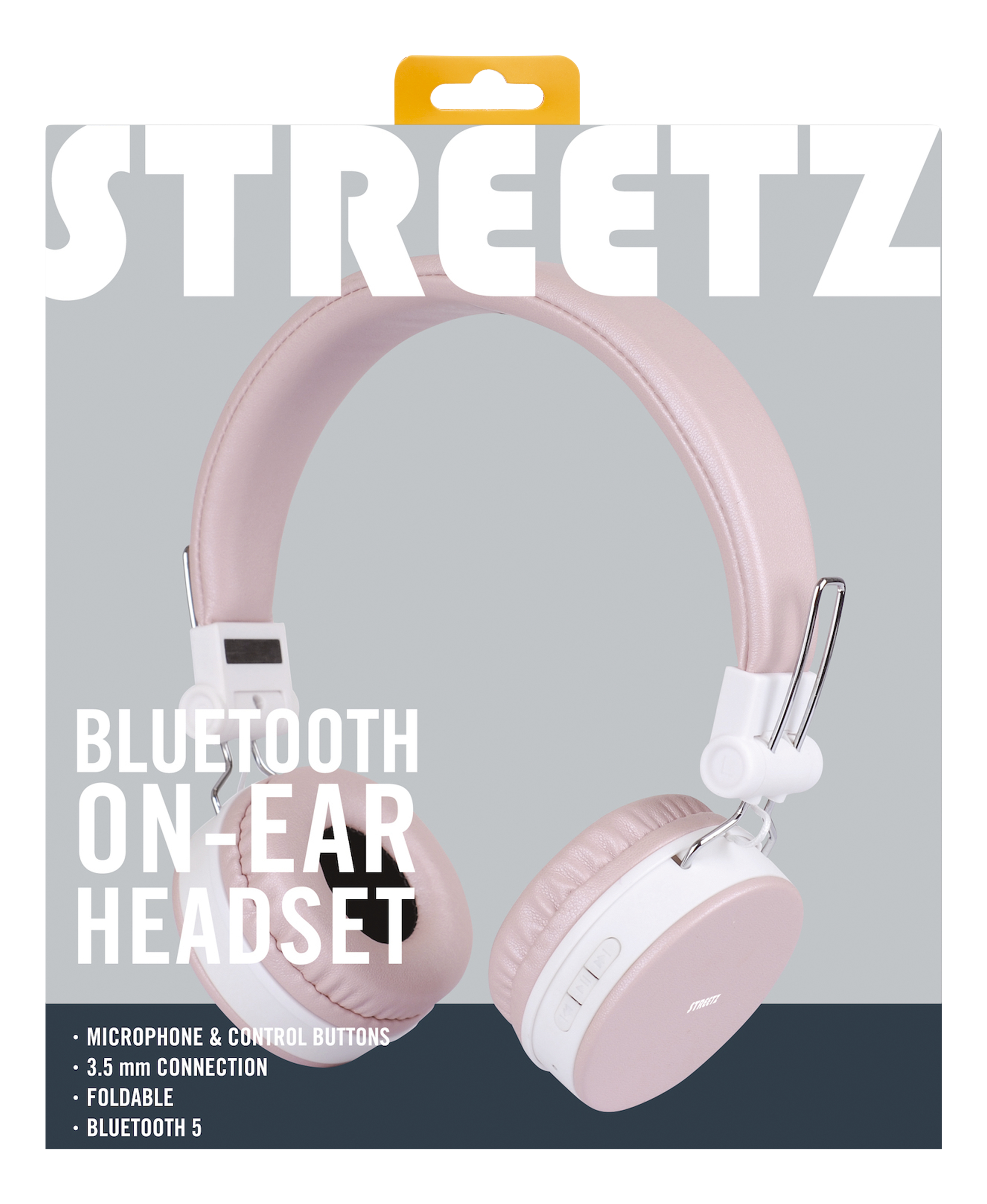 Cuffie rosa e bianche con il testo: BLUEETOOTH ON-EAR HEADSET.
