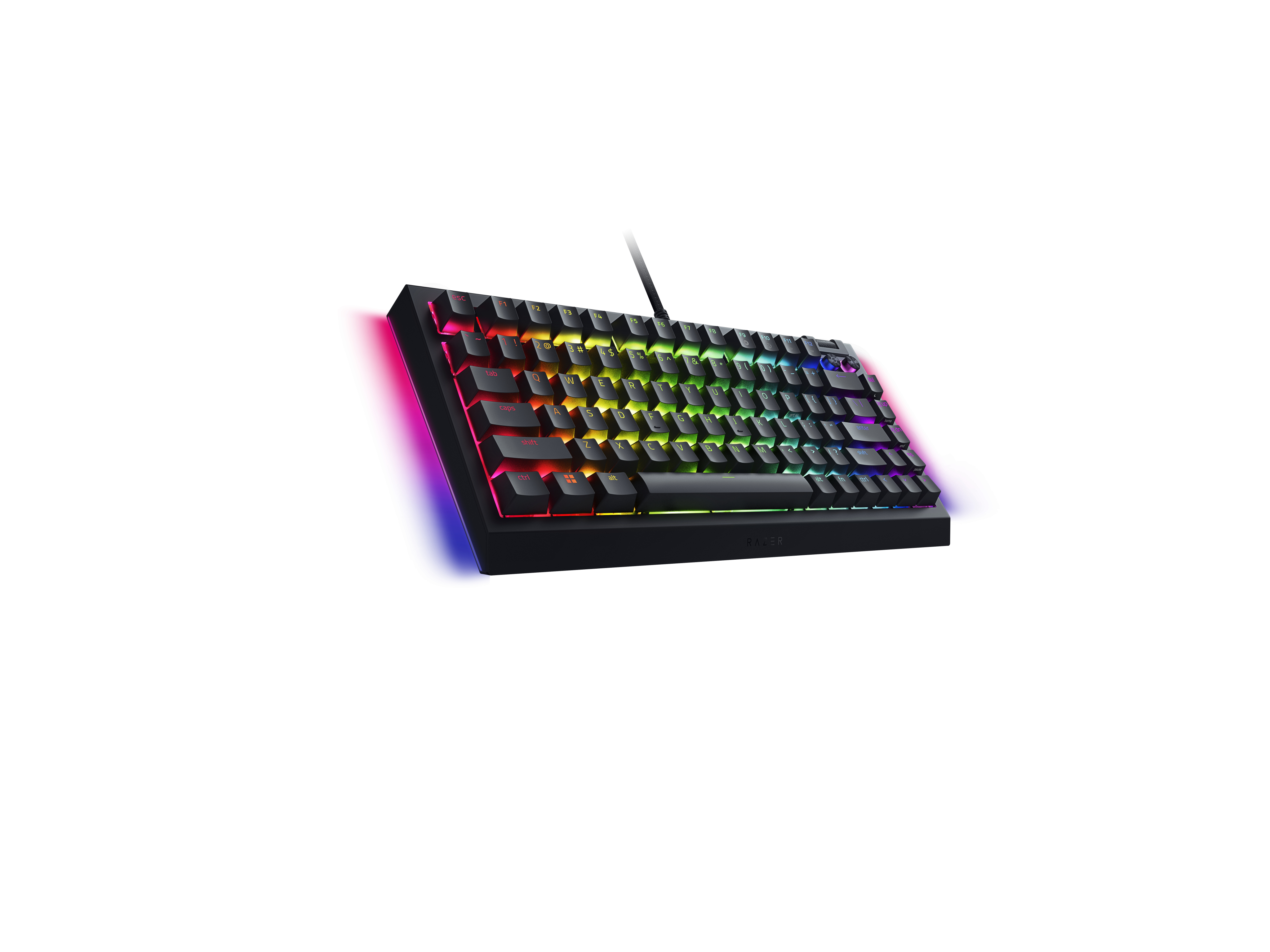 Black keyboard with colorful keys and RGB lighting. The keyboard is angled on a white background.