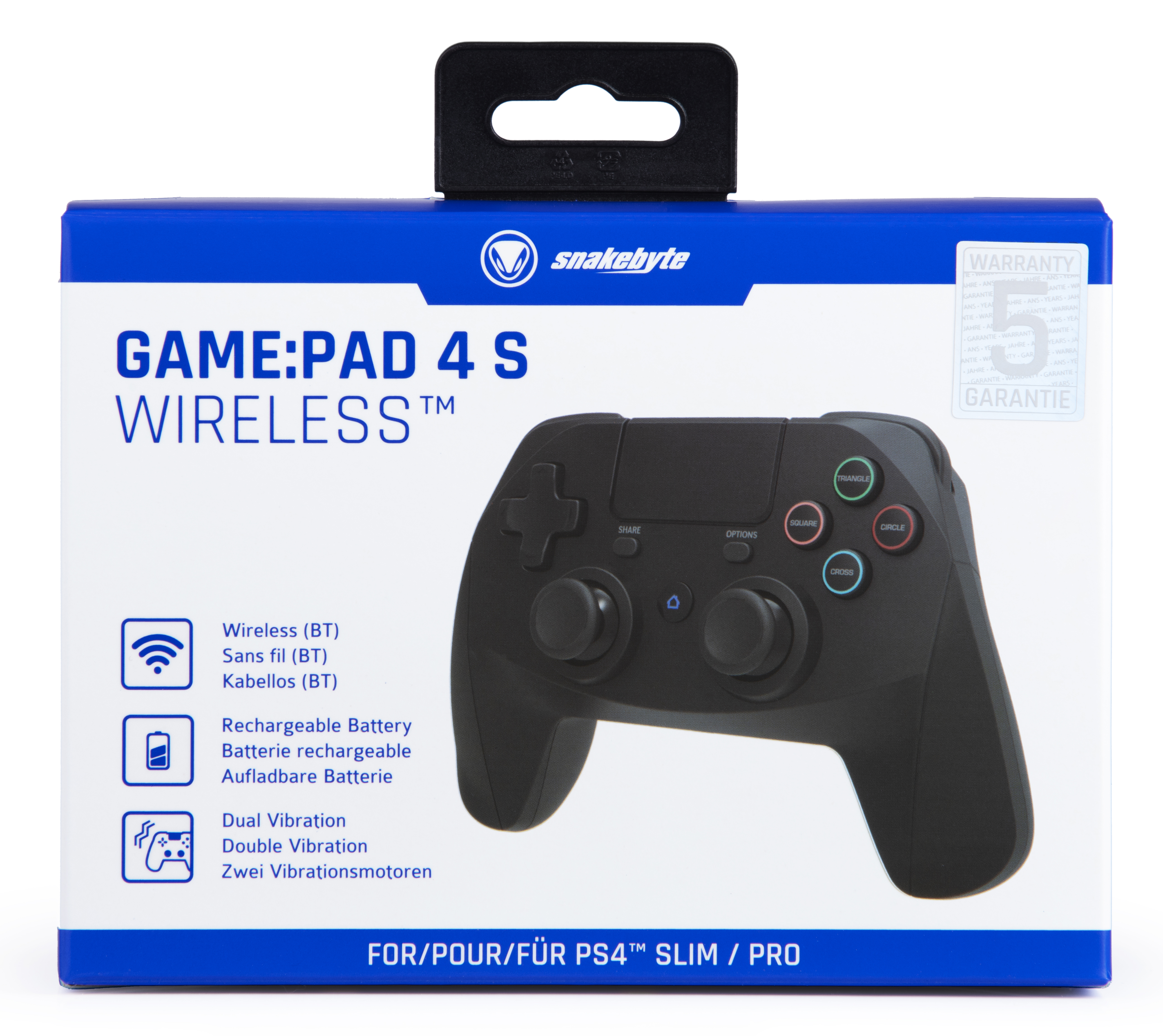 Eine blaue Box mit einem schwarzen Gamepad und einer Beschreibung seiner Funktionen.