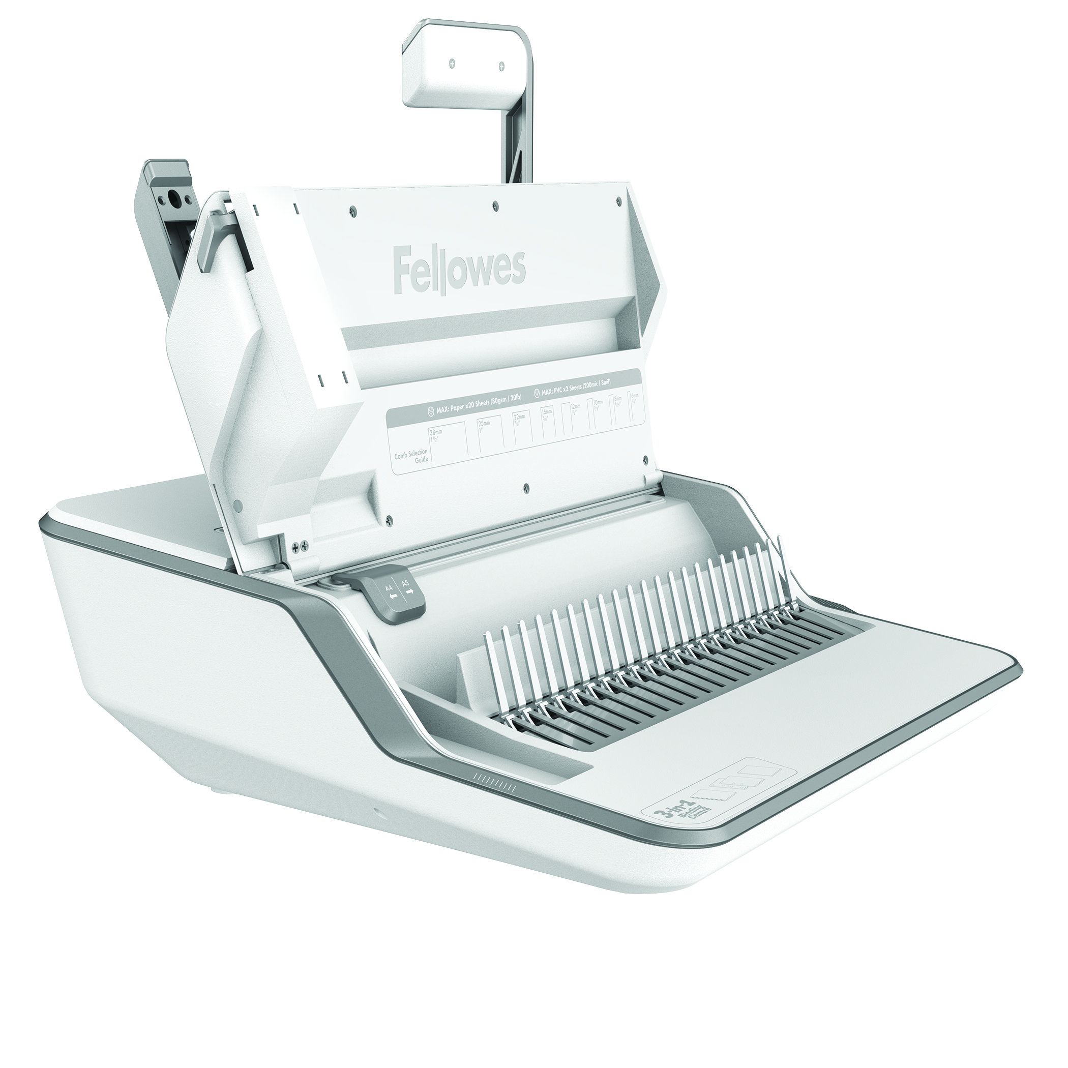 Biała bindownica Fellowes, otwarta i gotowa do użycia, z szeregiem grzebieni do bindowania.