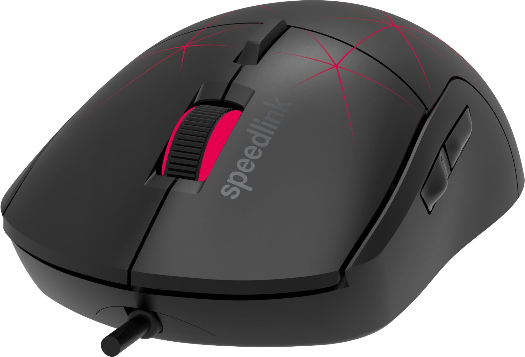 Black gaming mouse with red accents on buttons and wheel. Speedlink logo present.