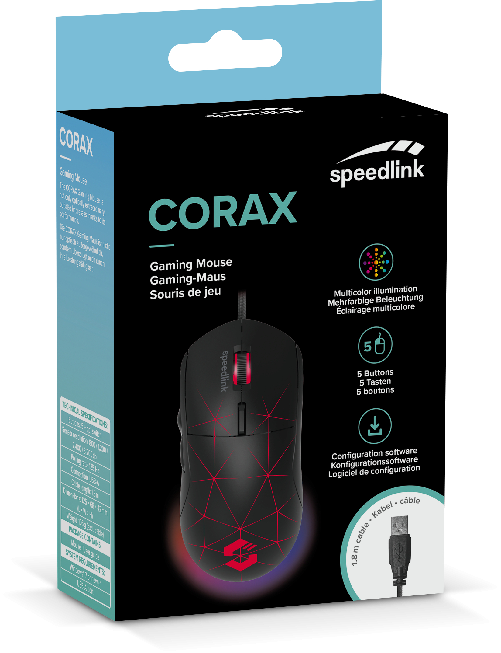 Gaming mouse in a box. Black mouse with red accents. White background.