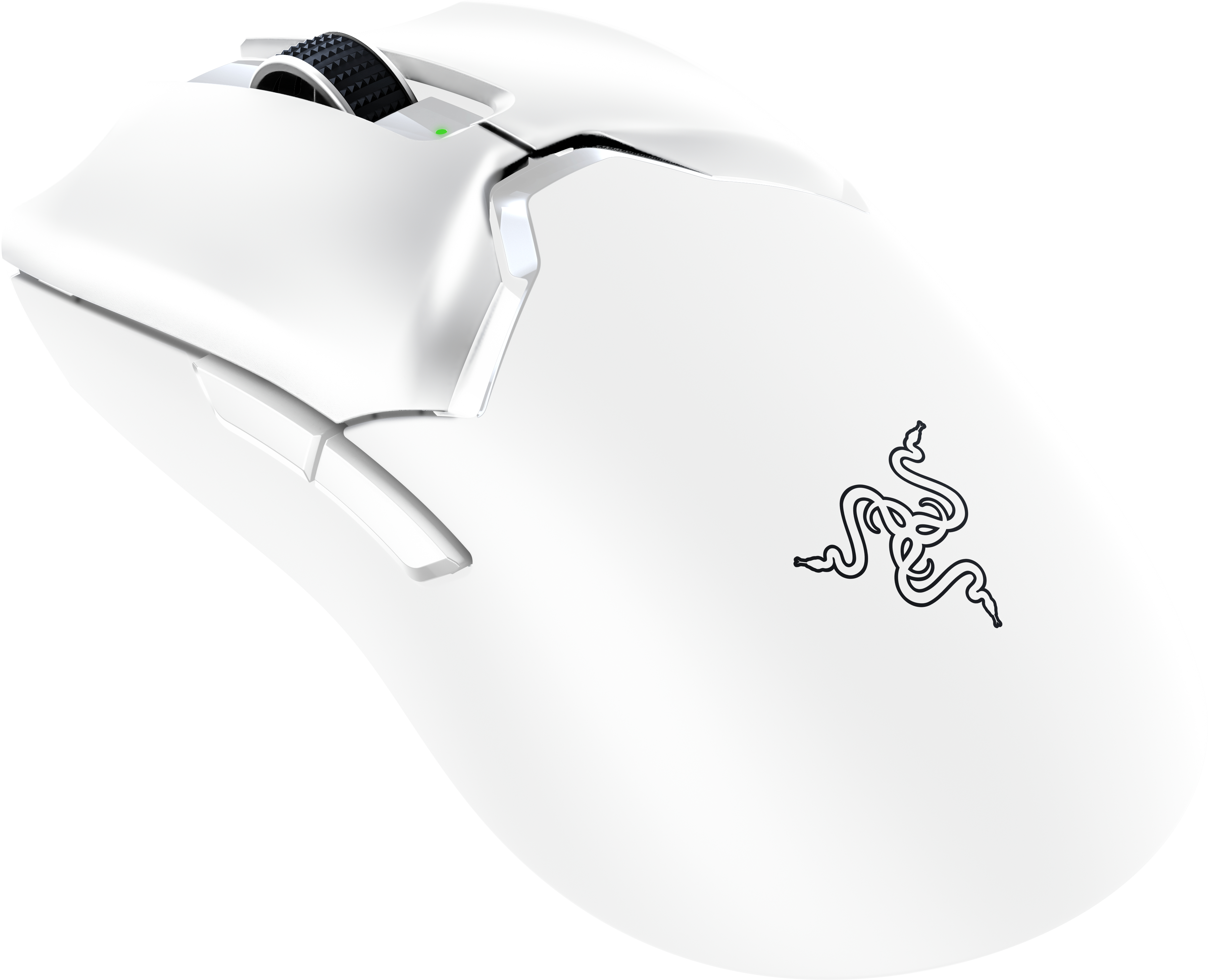 Mouse da gioco bianco con logo Razer, rotella nera e luce verde.