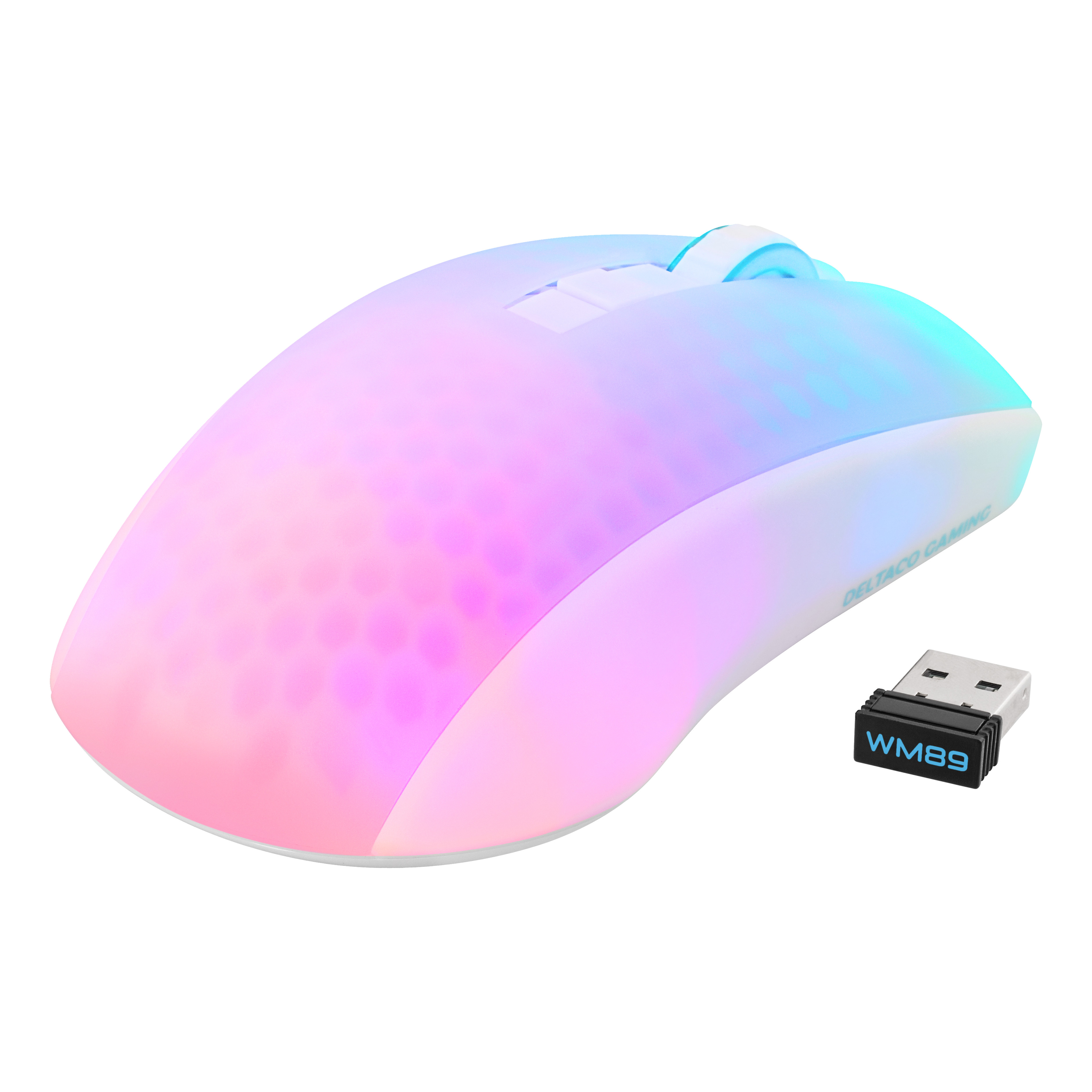 Biała i niebieska mysz z odbiornikiem USB. Ma światła RGB i markę DELTACO GAMING.
