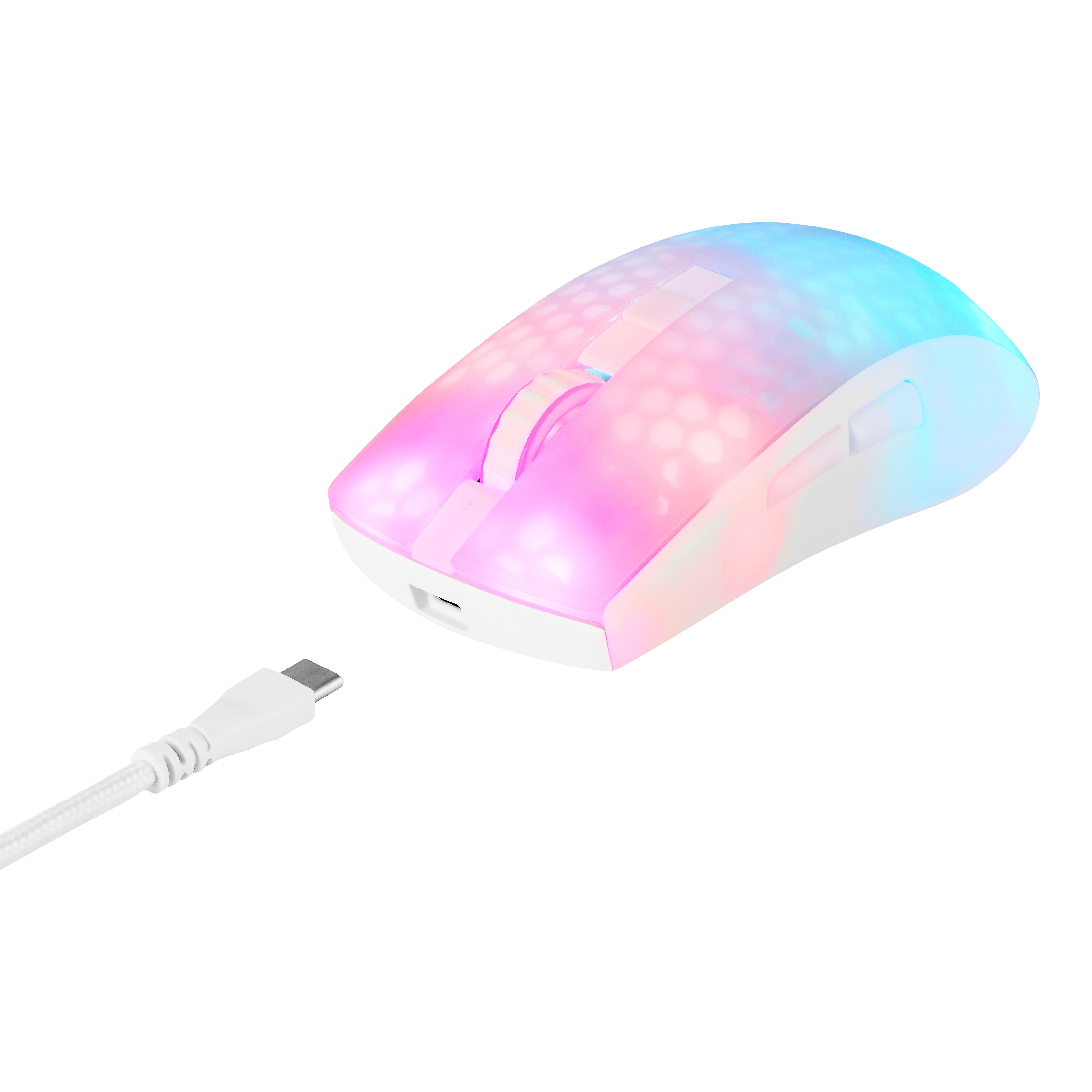 Biała mysz do gier z podświetleniem RGB i kablem USB-C. Mysz ma gradient różu, błękitu i bieli.