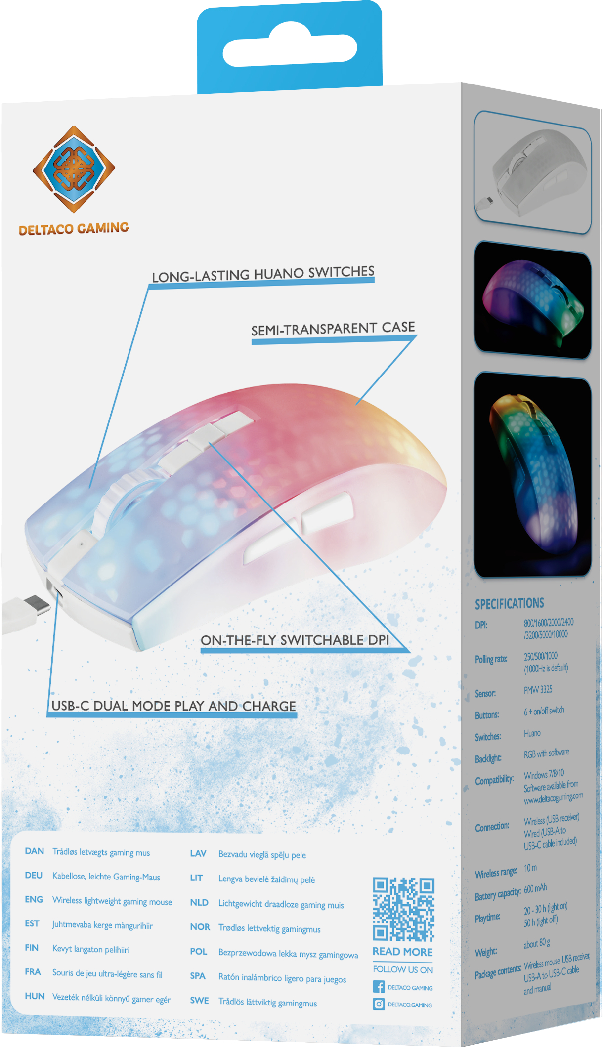 Pudełko myszy do gier ze specyfikacjami i obrazem myszy.