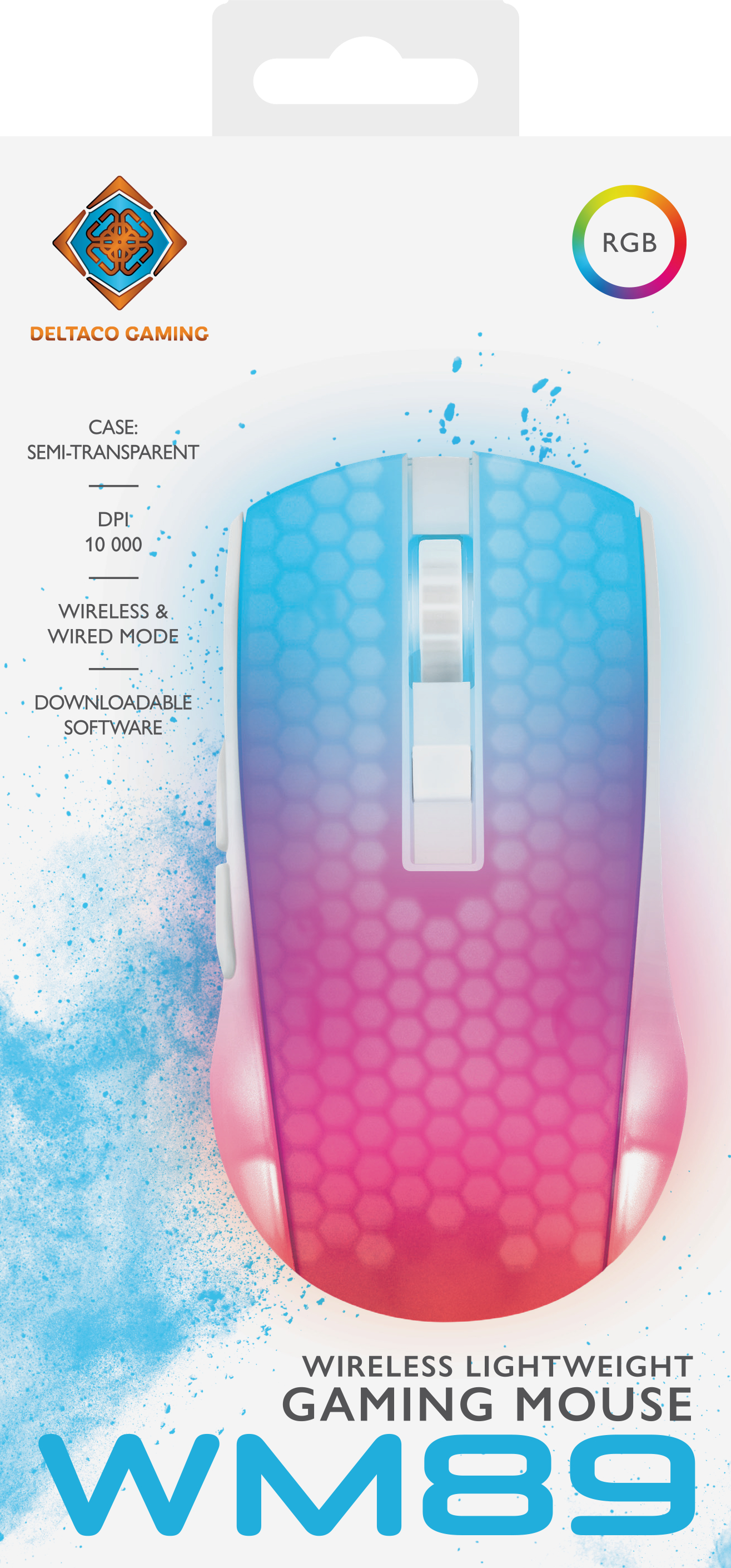 Mysz gamingowa z kolorowym gradientem. Mysz na białym tle. Widoczne opakowanie.