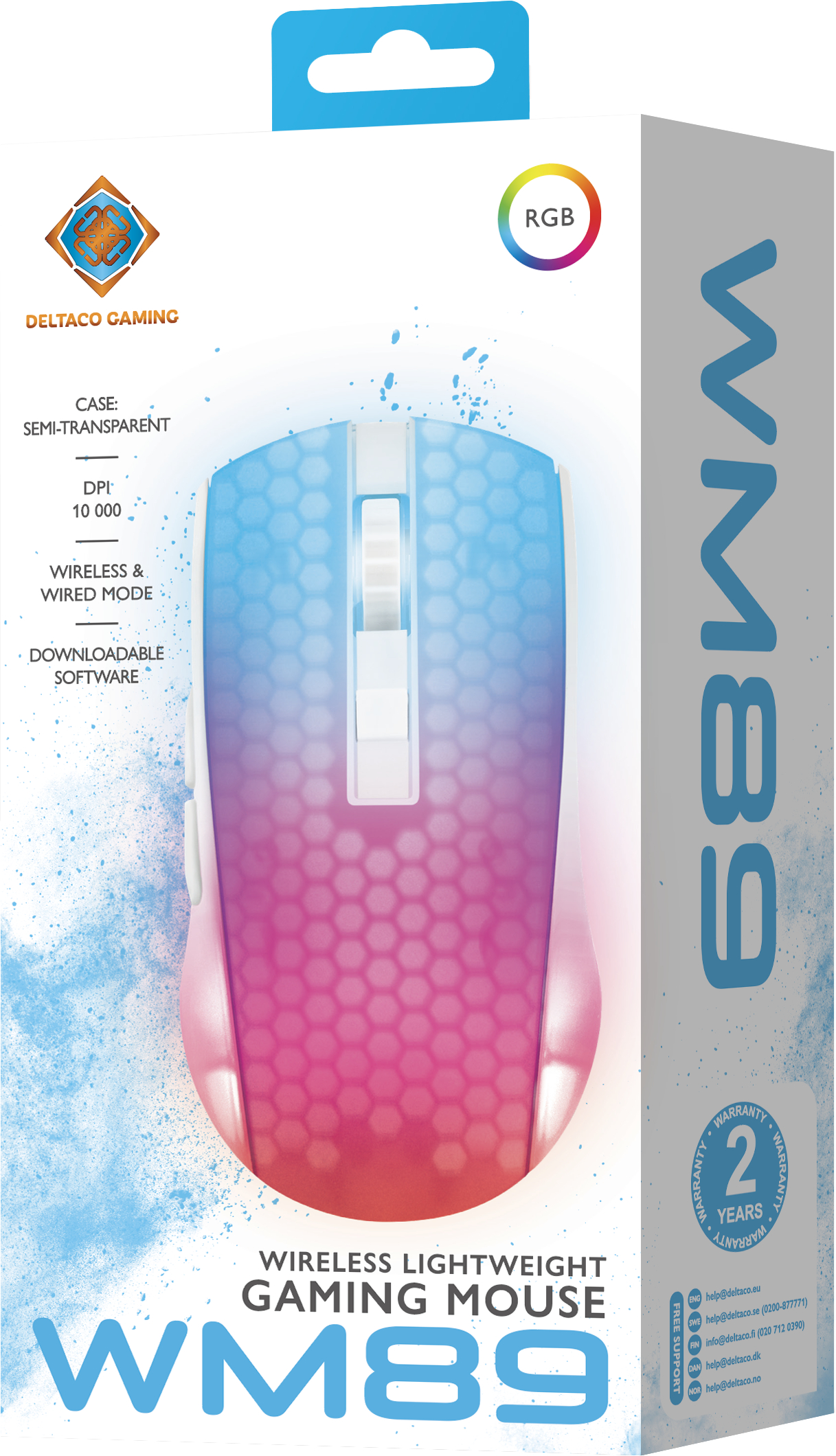 Gaming mouse in box.  It has a pink to blue gradient design with a honeycomb pattern and DPI.