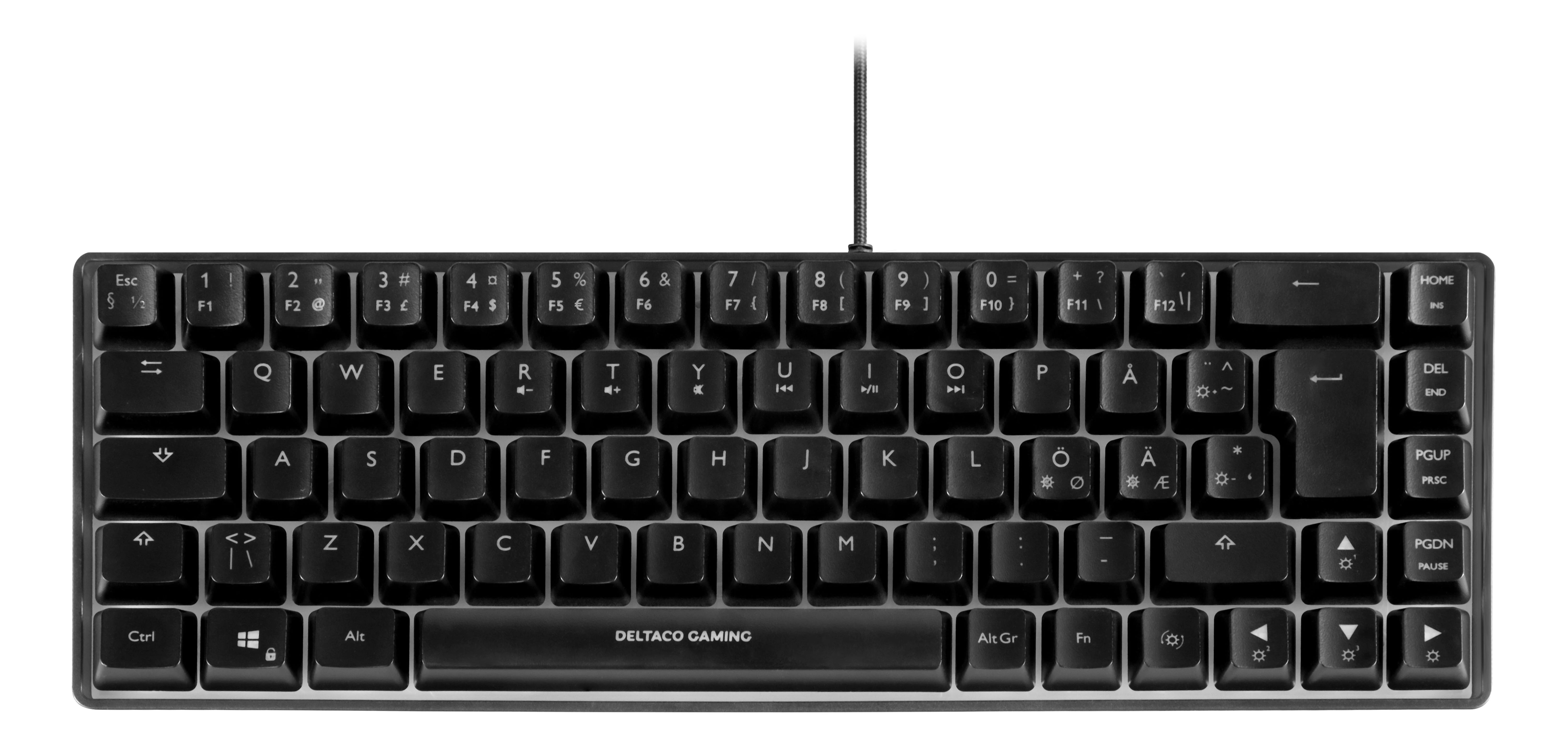 Black keyboard, top view. It has black keys and a wired connection. DELTACO GAMING logo.