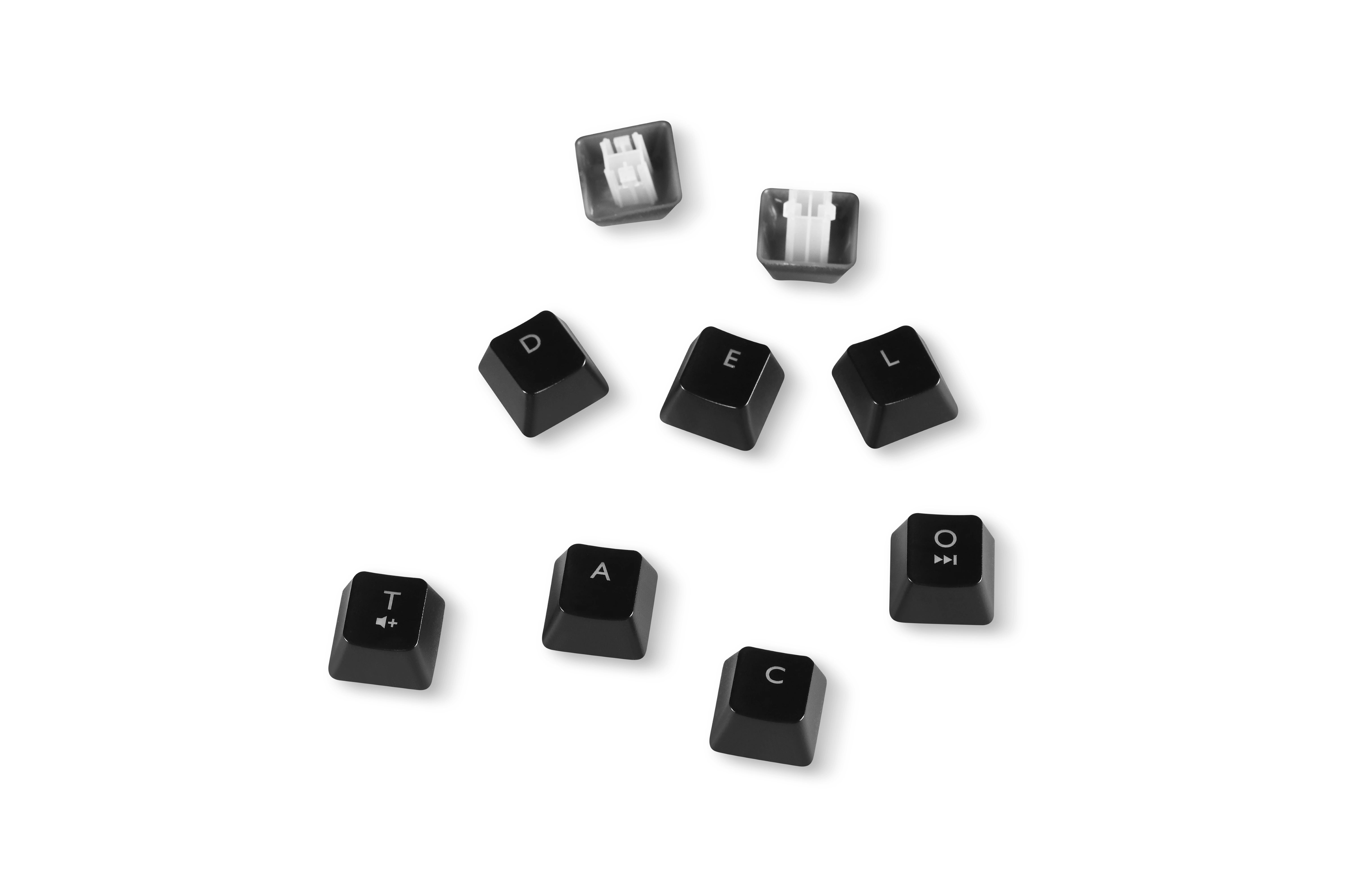 Eight black keyboard keys are scattered on a white surface. Each key has a white character.