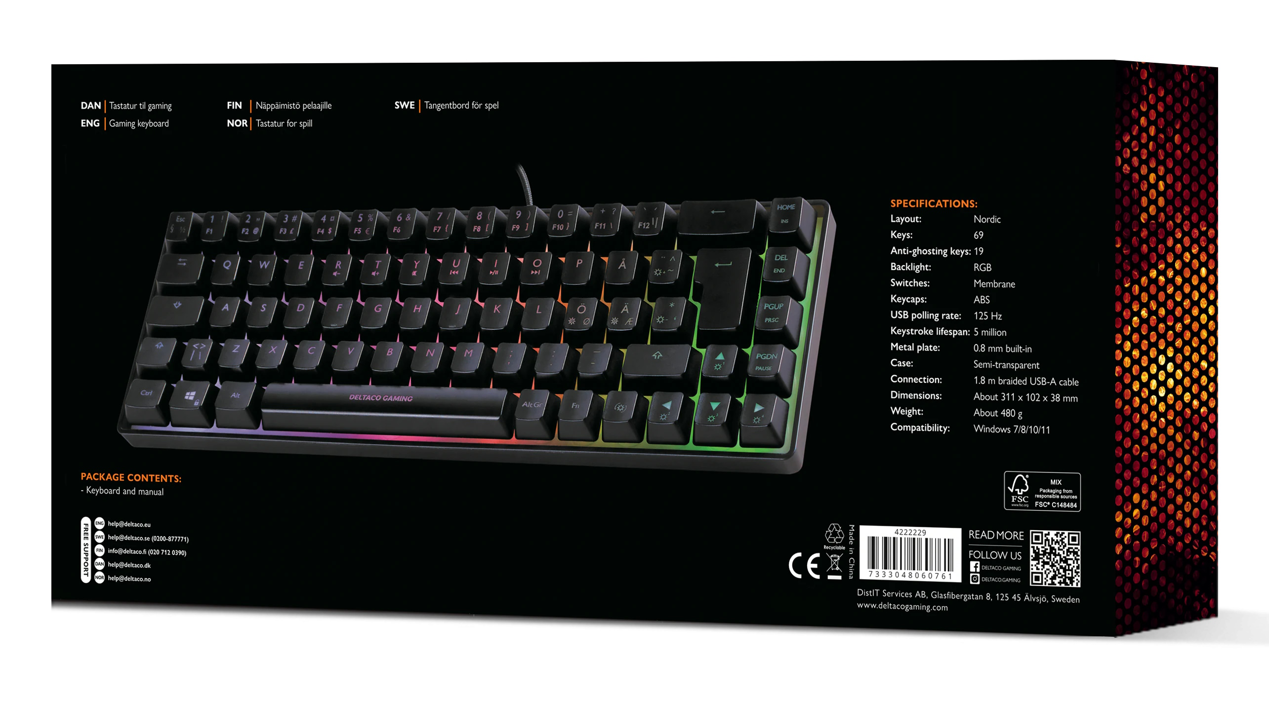 Black keyboard box with multicolored keys. Text in English, Danish, Norwegian, and Swedish.