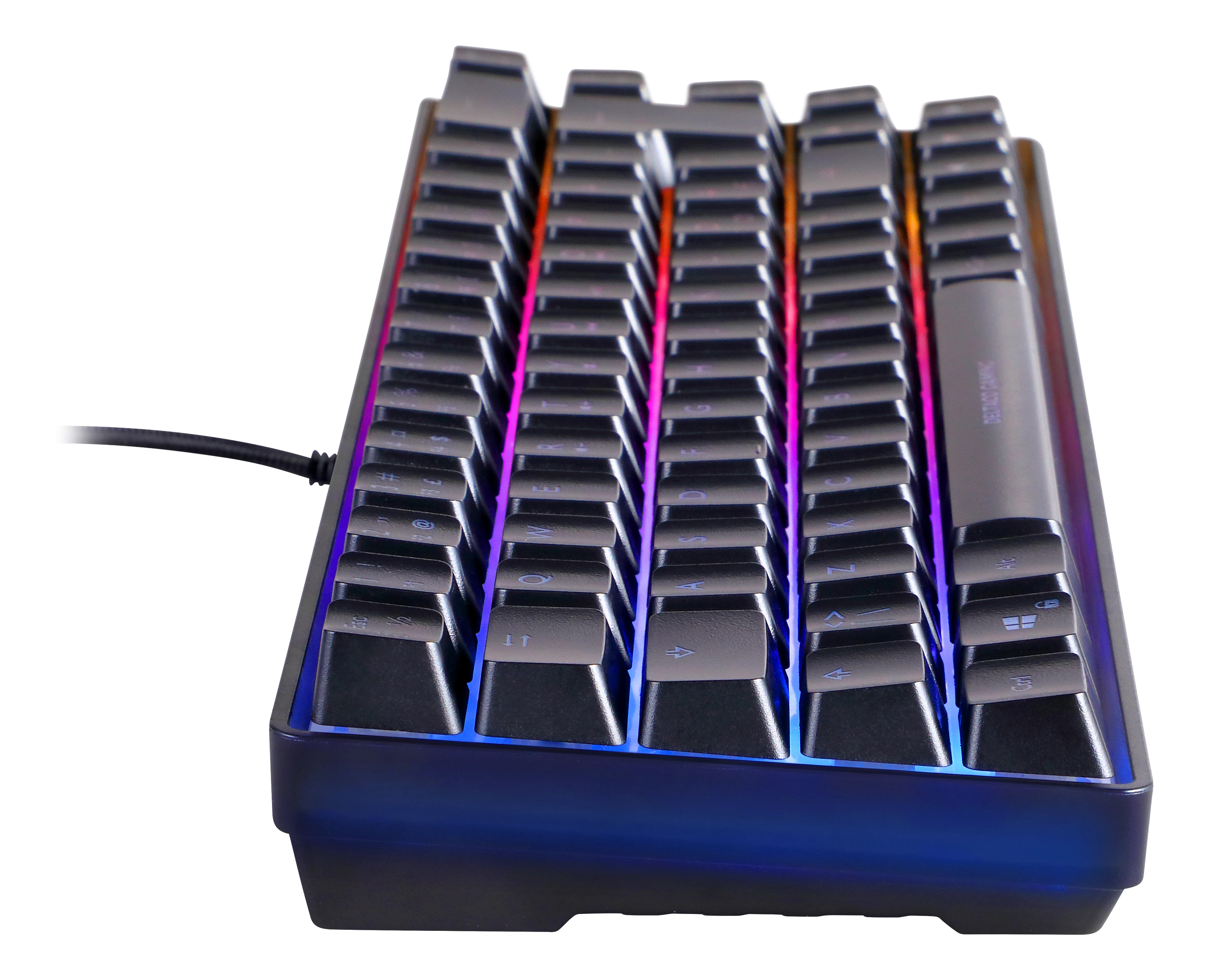 Black keyboard with colorful illuminated keys, angled view, white background.