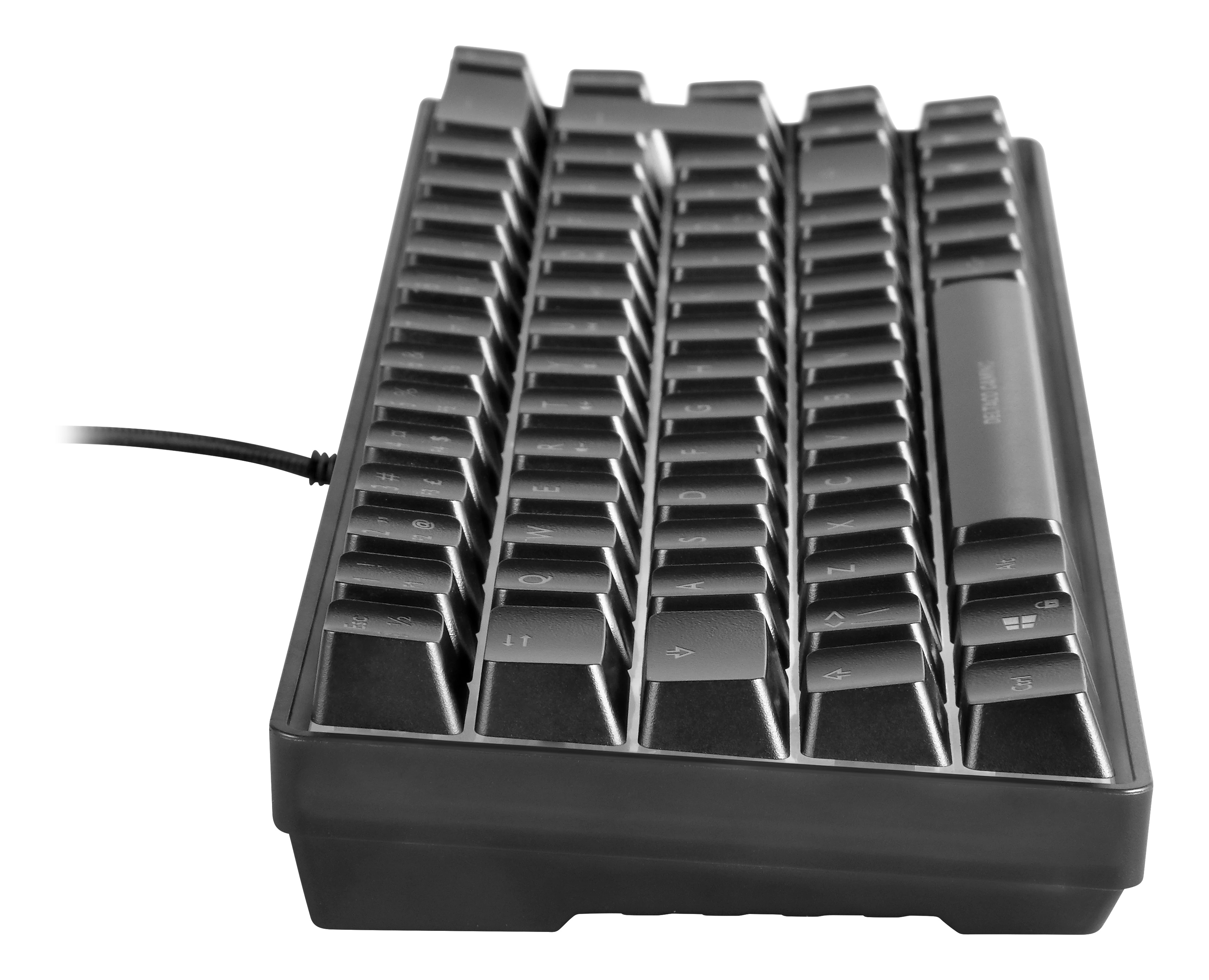 Black gaming keyboard with black keys. The keyboard is shown from an angle.
