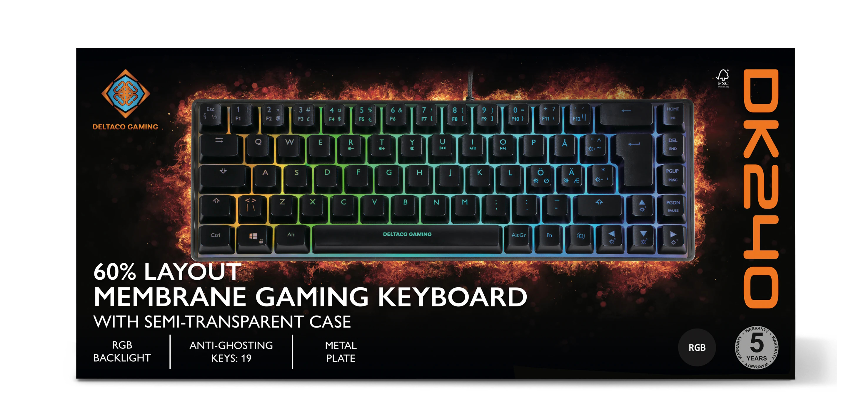 A gaming keyboard with RGB backlight and a semi-transparent case, set against a fiery background.