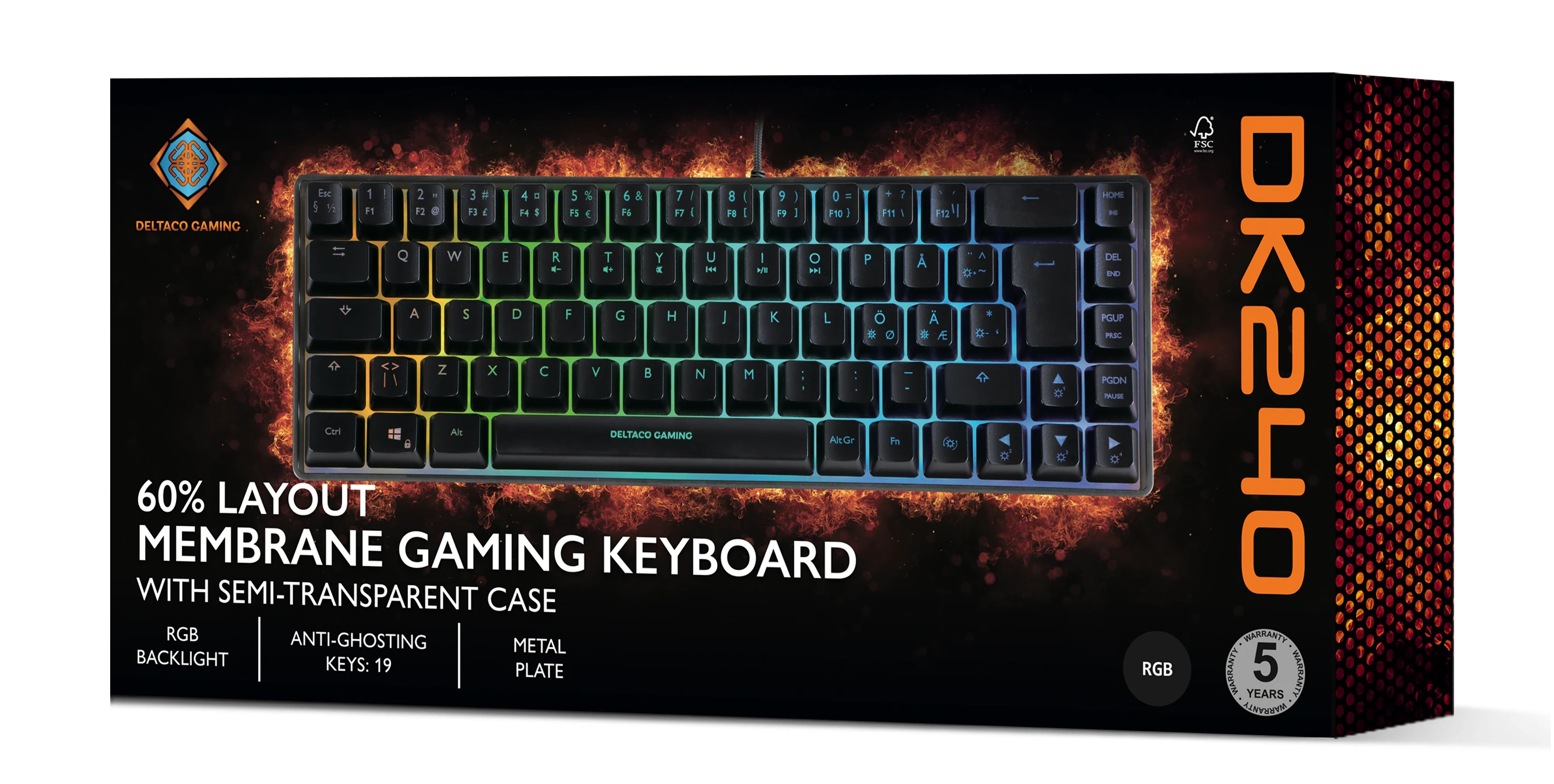A gaming keyboard box with a black keyboard, colorful keys, and product details.