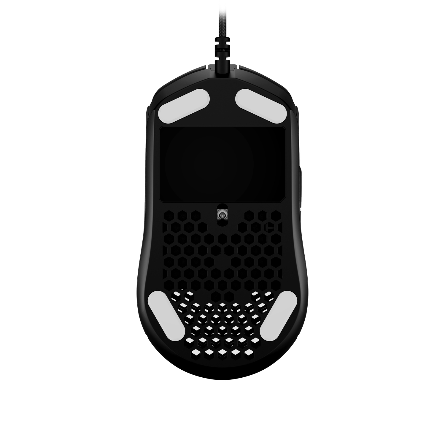 Schwarze Gaming-Maus von unten, Wabenmuster mit weißen Pads.