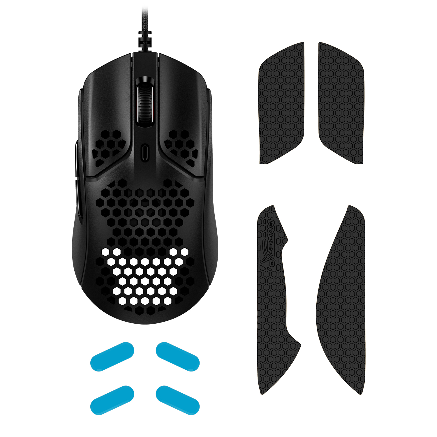 Schwarze Gaming-Maus mit Wabenmuster und Griffzubehör auf weißem Hintergrund.