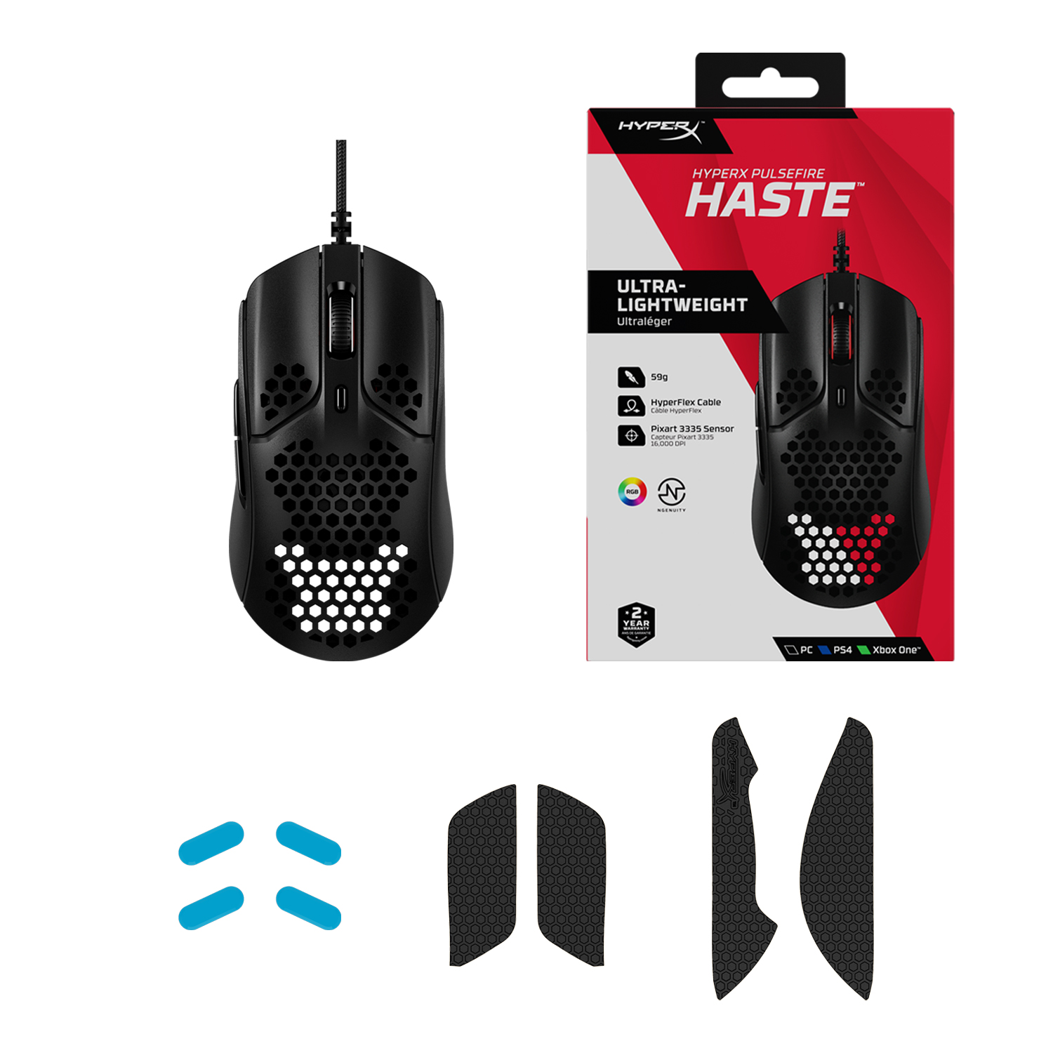 Schwarze Gaming-Maus, Mausgriffe und eine Box auf weißem Hintergrund. Auf der Box steht "HASTE".