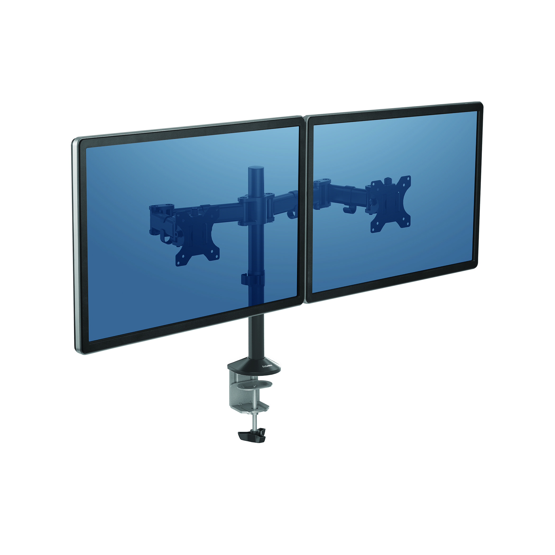 Zwei Monitore auf einem schwarzen Ständer mit Klemme. Die Bildschirme sind blau.