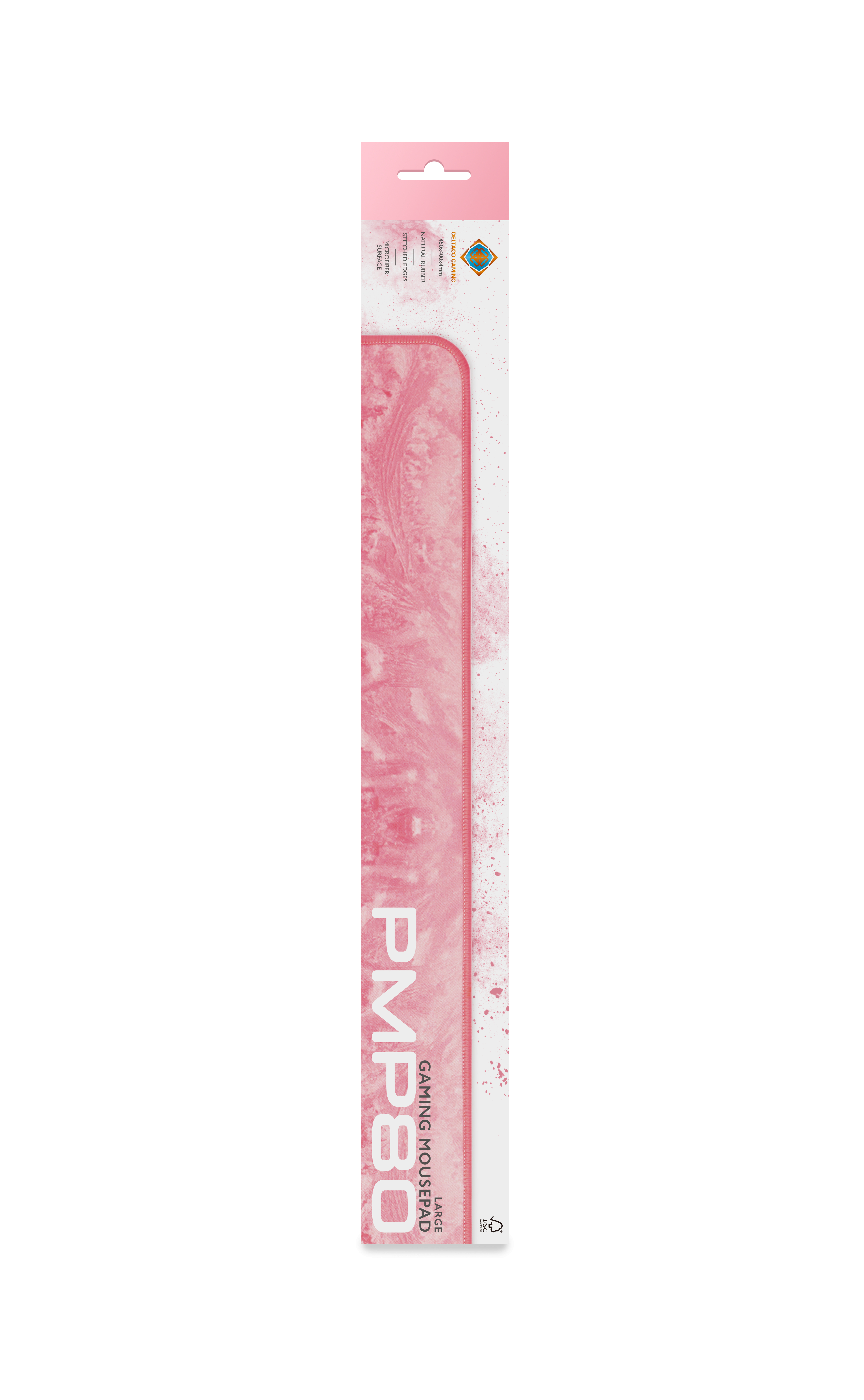 Pink gaming mousepad in packaging, with a marbled design and the text 'PMP80'.
