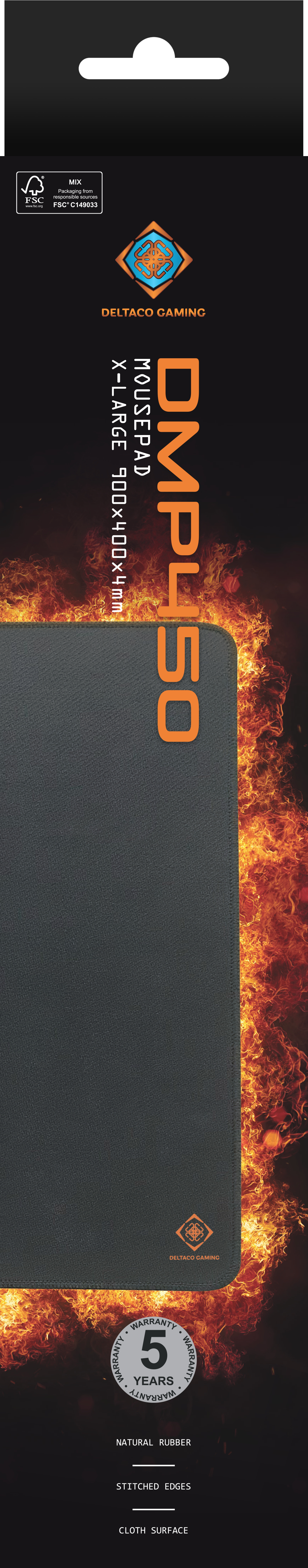 A black mousepad packaging with the product name and the brand logo.