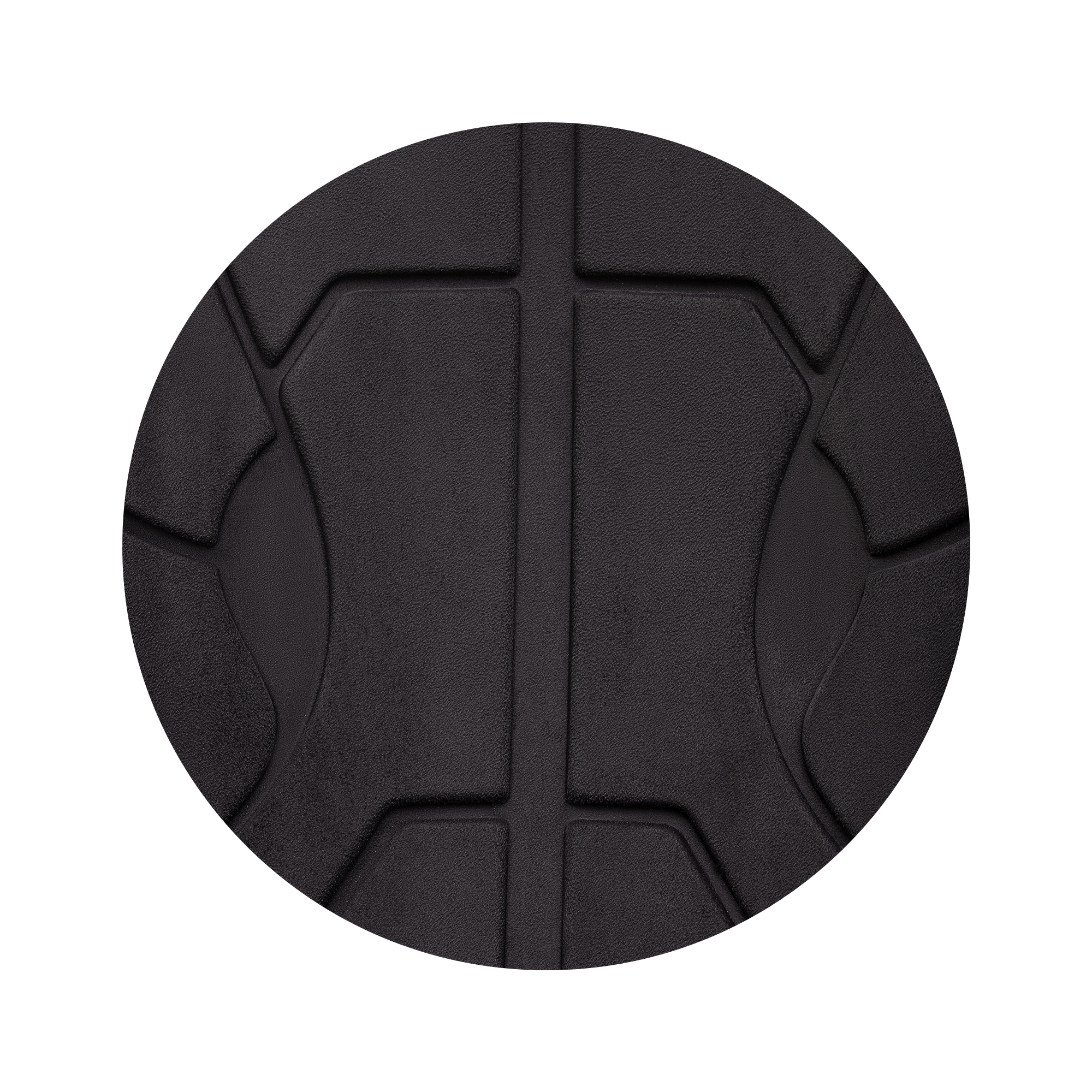 Tapa de lente negra circular con superficie texturizada, vista desde arriba.