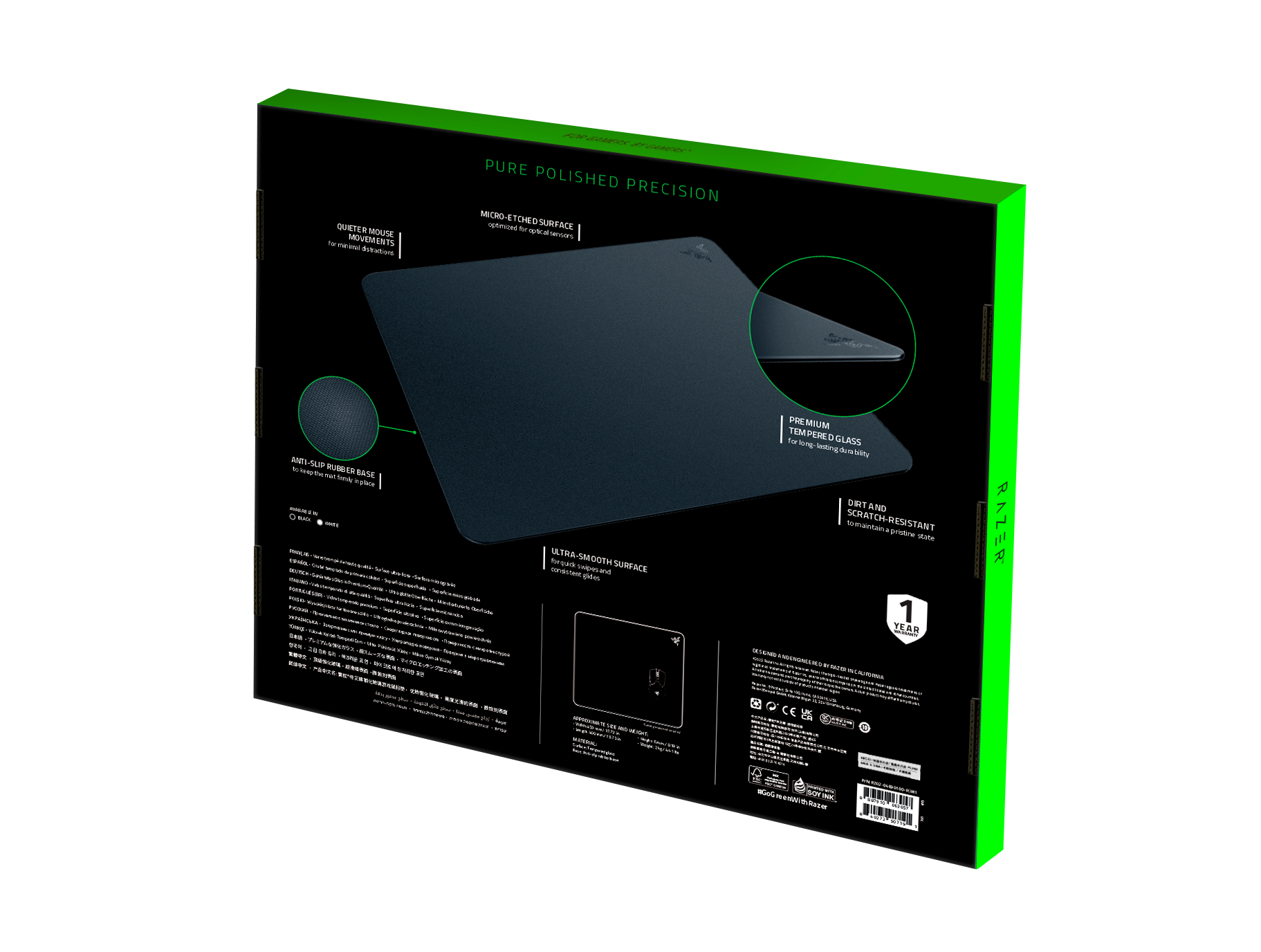 Czarne pudełko na podkładkę pod mysz z tekstem i diagramem na białym tle.