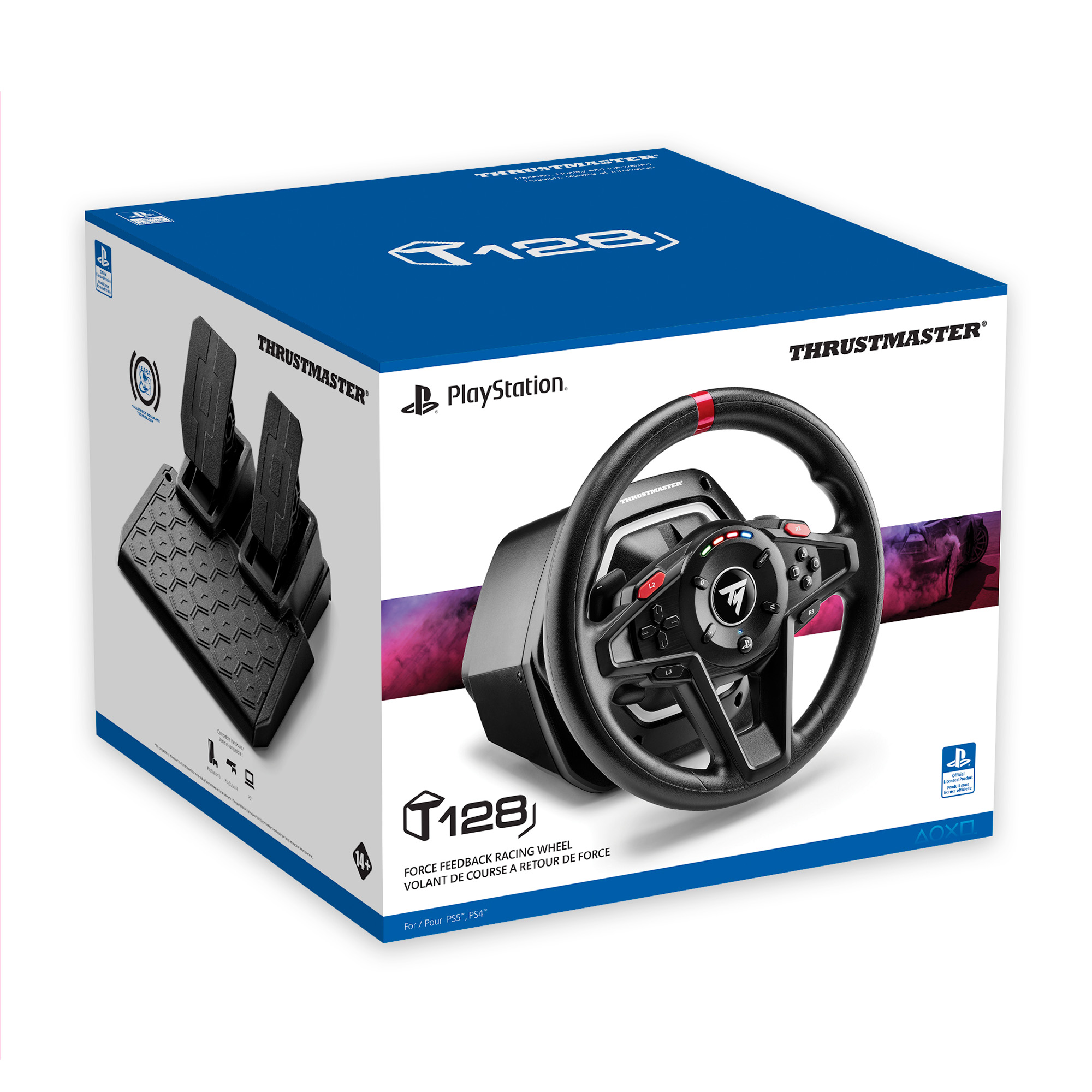Boîte de volant de course pour PlayStation. Volant noir et rouge, pédales et texte.