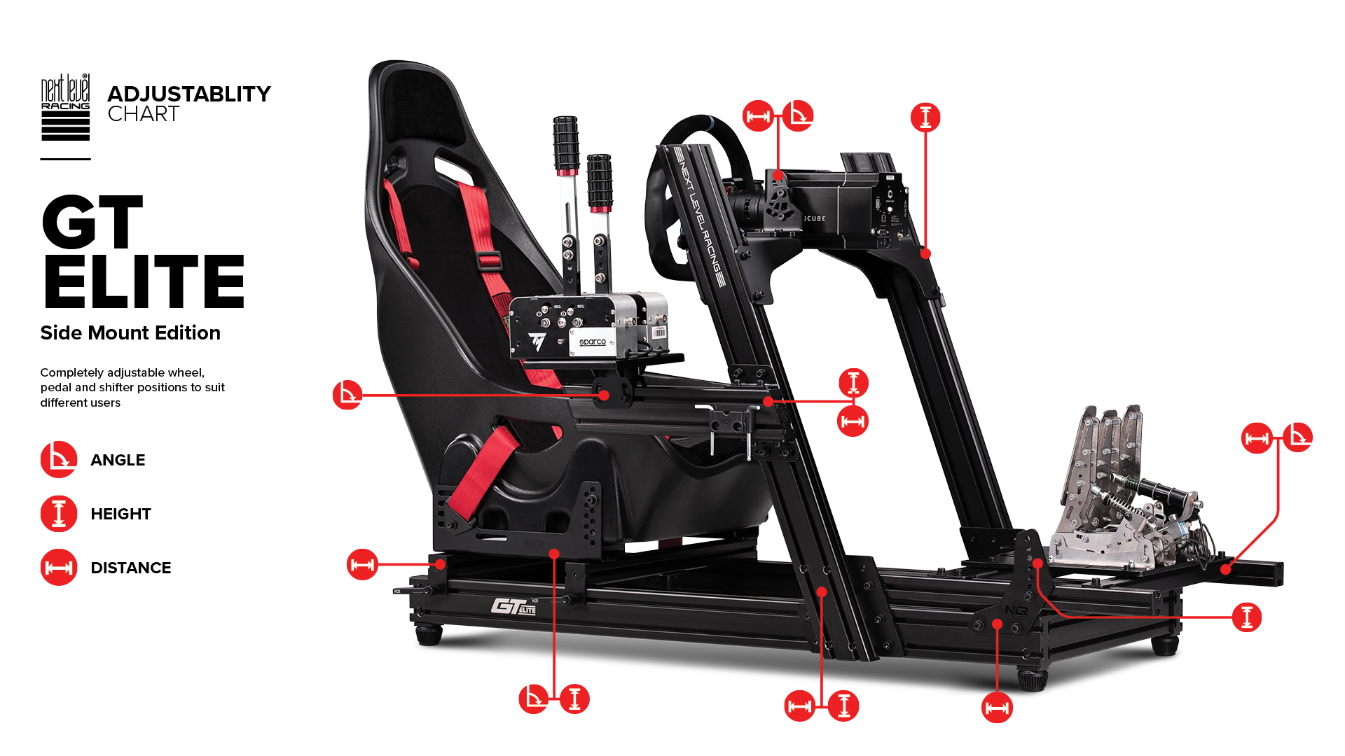 Plataforma de simulador de carreras negra y roja. Con asiento, volante y pedales.