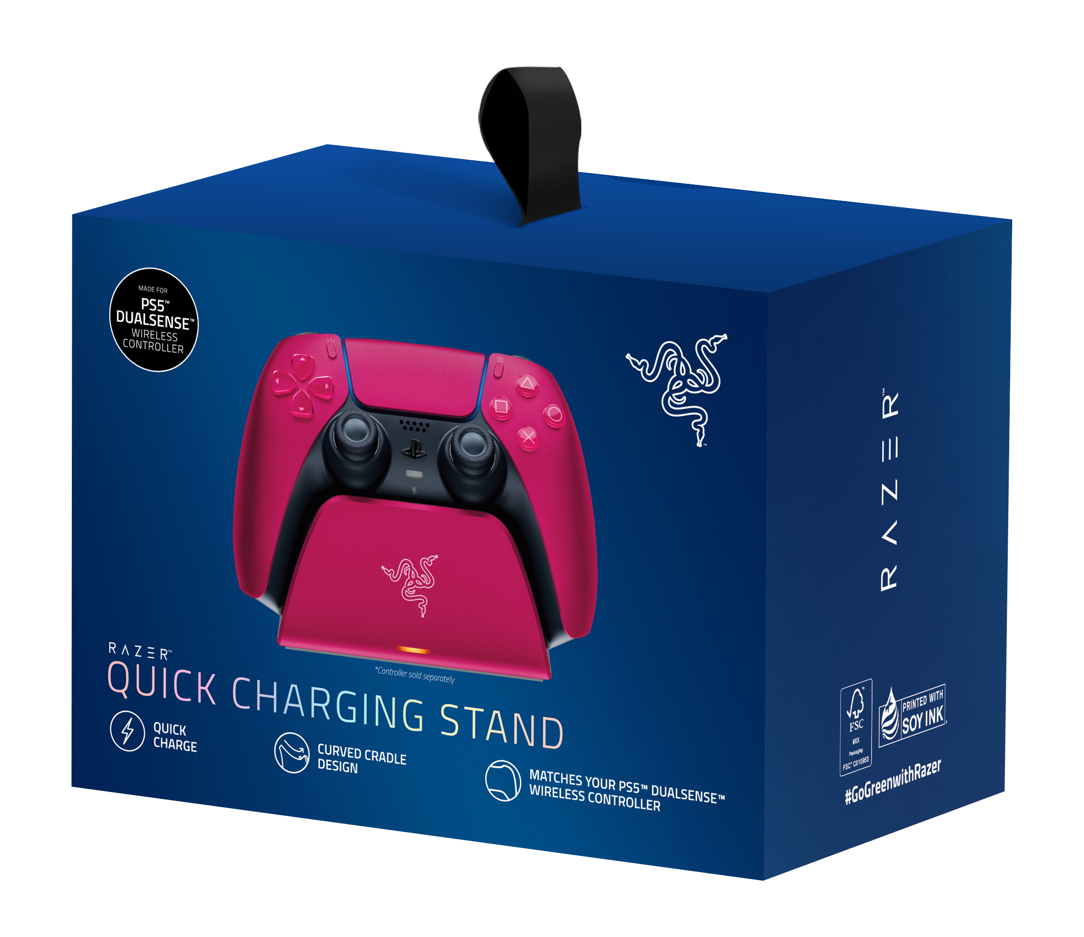 Box für einen pinkfarbenen PS5 Dualsense Controller und Ladestation. Das Razer-Logo ist sichtbar.