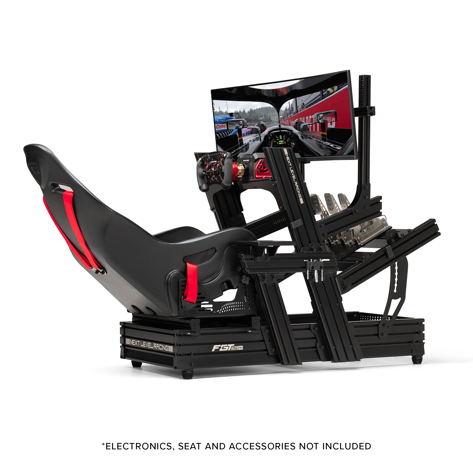 Simulador de carreras negro con monitor y asiento. Texto "NEXT LEVEL RACING" visible.