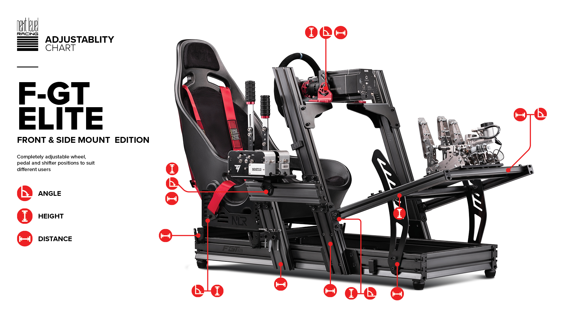 Configuración de simulador de carreras en negro y rojo. Asiento negro. Pedales y volante. Fondo blanco.