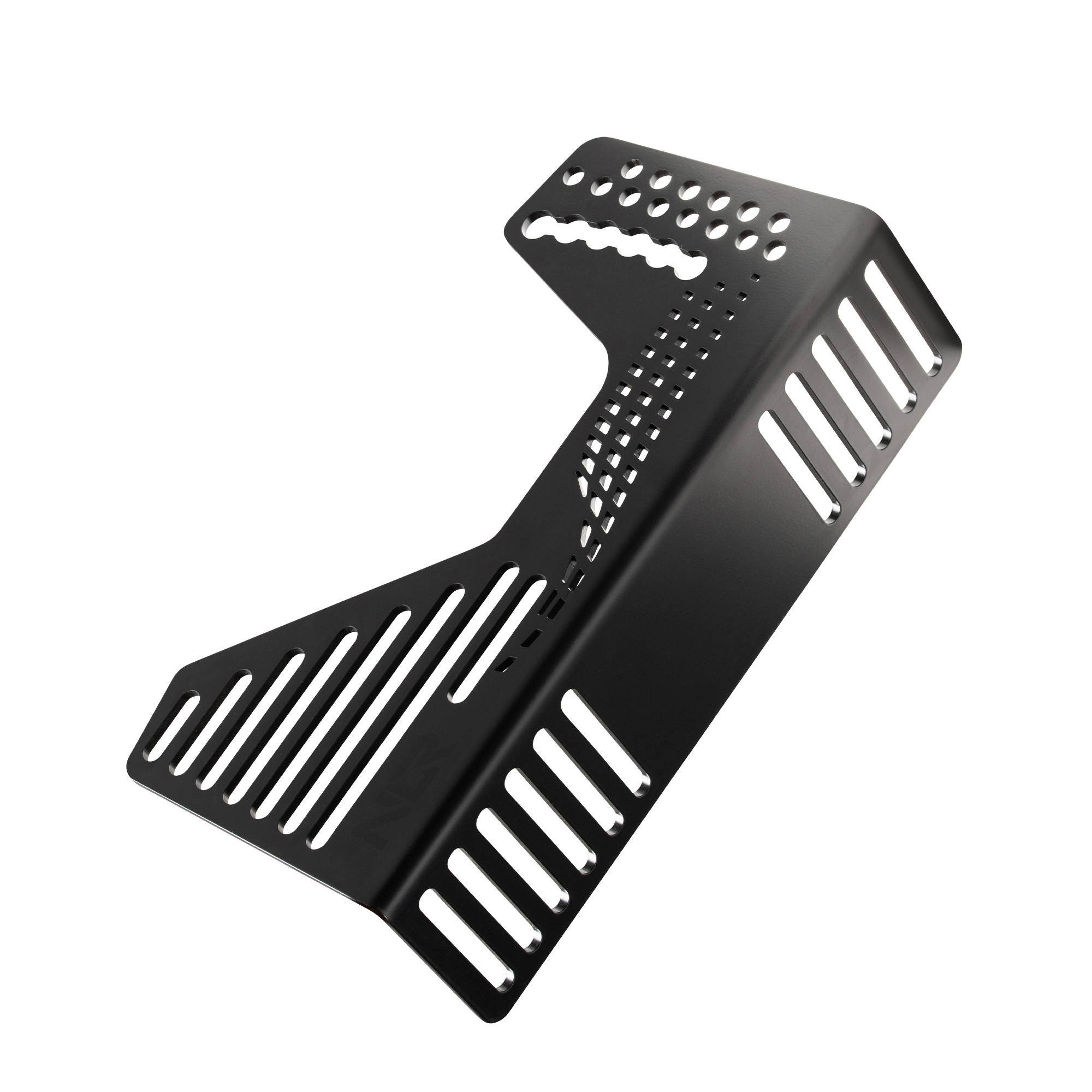 Soporte de metal negro con orificios y ranuras. Tiene forma irregular y está sobre fondo blanco.
